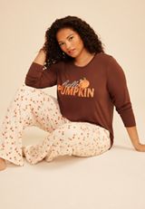 Plus Size Hello Pumpkin Long Sleeve Top And Wide Leg Pajama Set, C8657, small