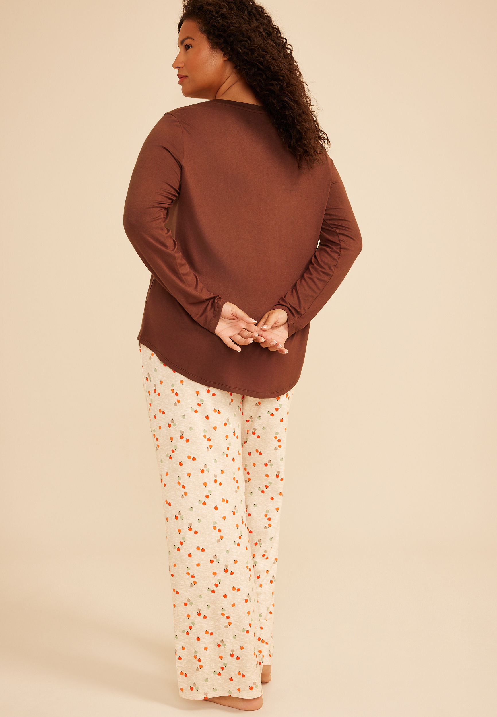 Plus Size Hello Pumpkin Long Sleeve Top And Wide Leg Pajama Set, C8657, large