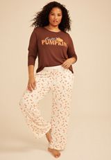 Plus Size Hello Pumpkin Long Sleeve Top And Wide Leg Pajama Set, C8657, small