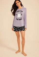 Here For The Boos Ghost Hacci Long Sleeve Top And Short Pajama Set, C9055, small