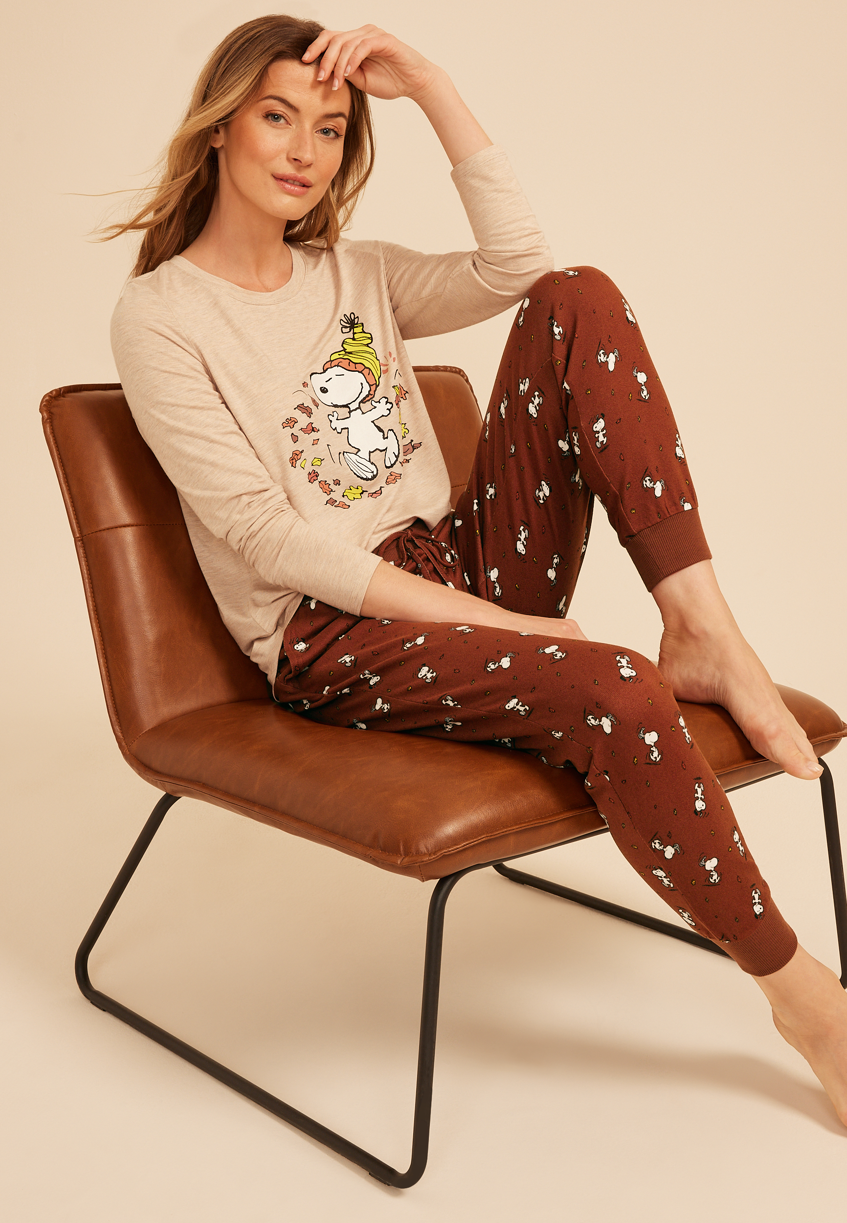 Snoopy Fall Long Sleeve Top And Jogger Pajama Set