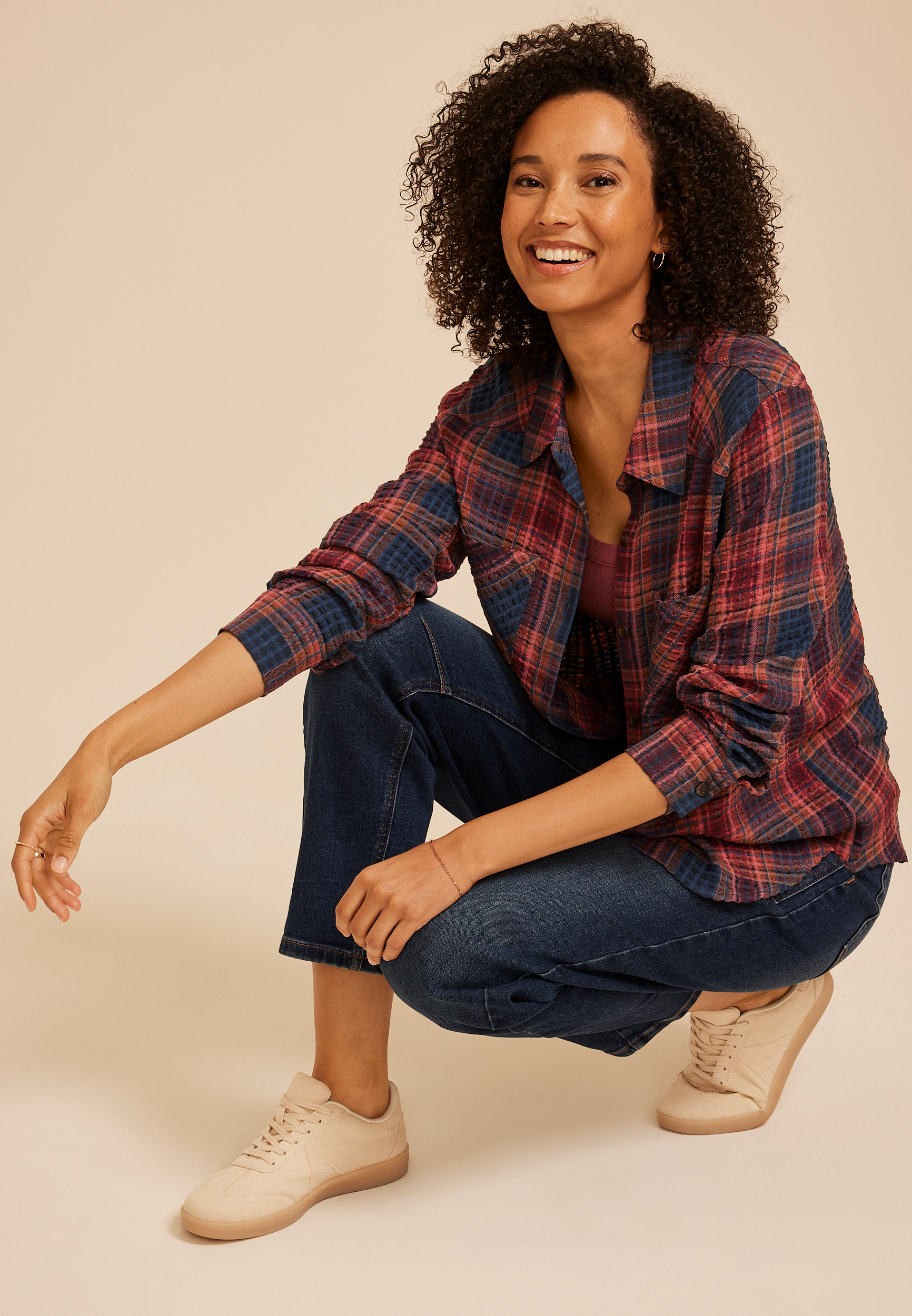 Pucker Plaid Button Down Shirt