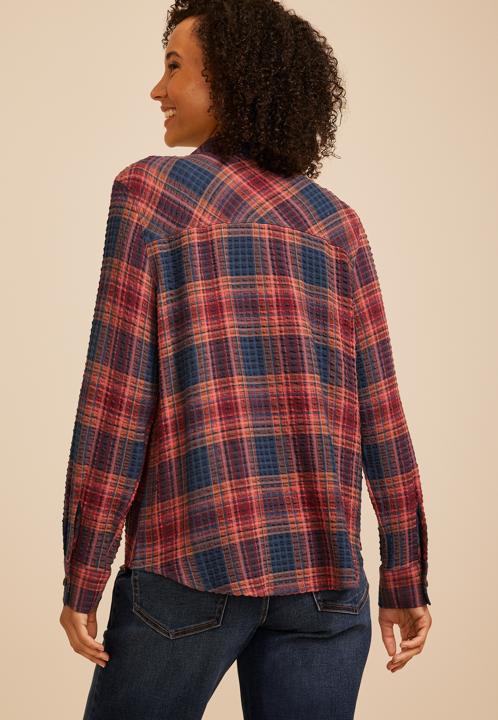 Pucker Plaid Button Down Shirt, C6666, large