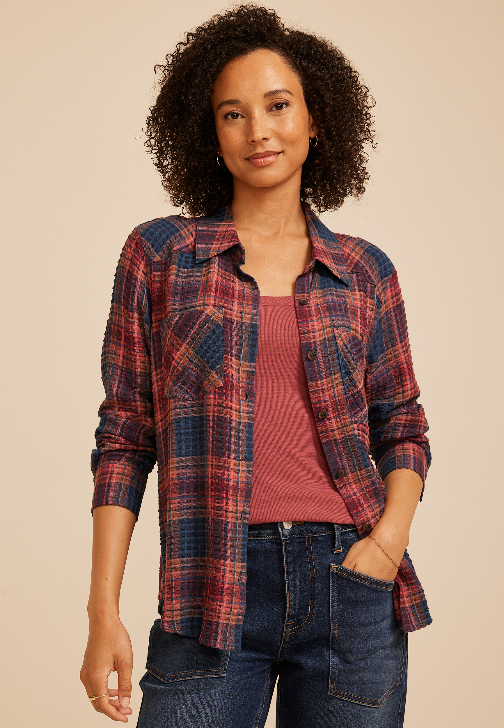 Pucker Plaid Button Down Shirt, C6666, large