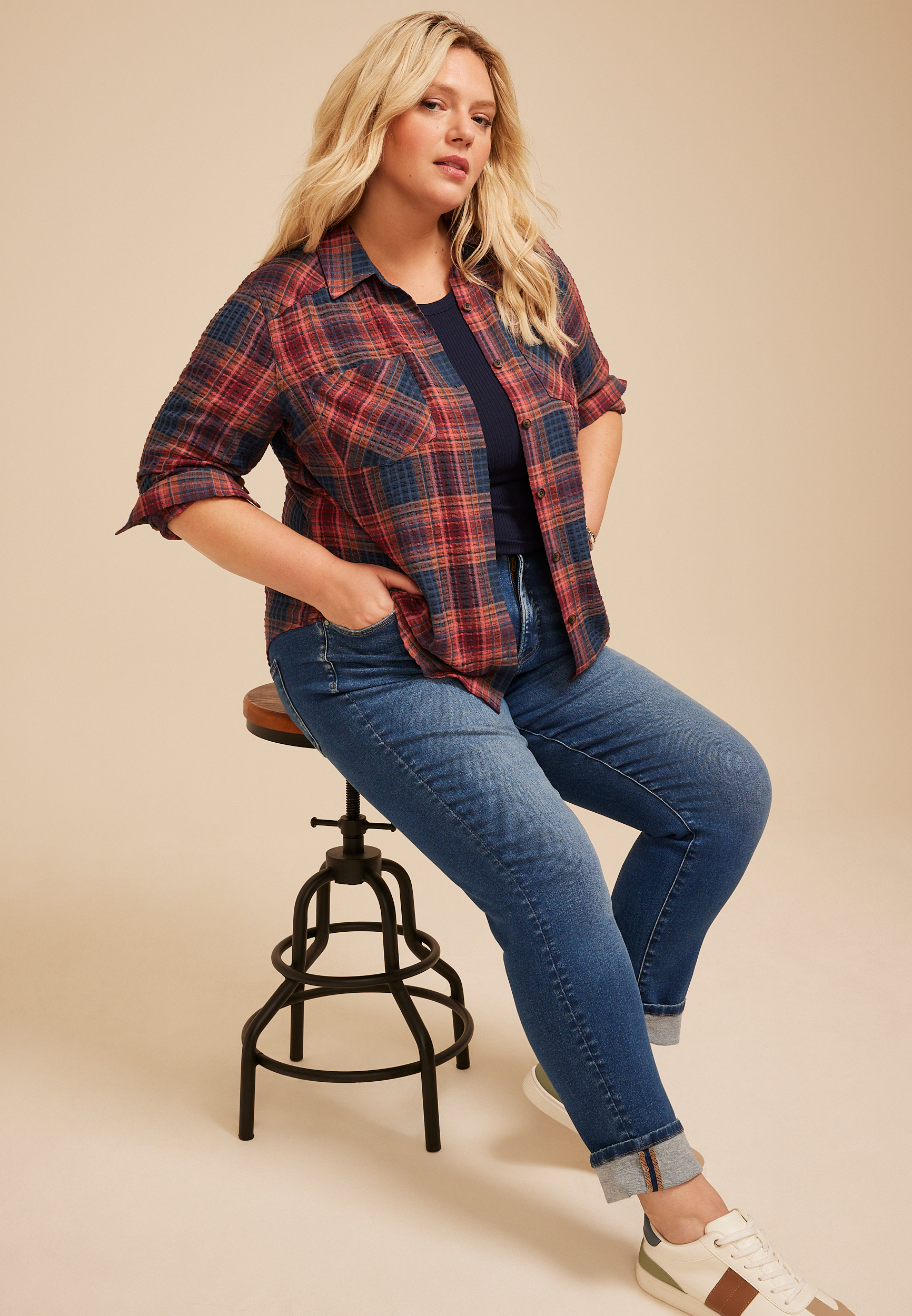 Plus Size Pucker Plaid Button Down Shirt