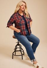 Plus Size Pucker Plaid Button Down Shirt, C6666, small