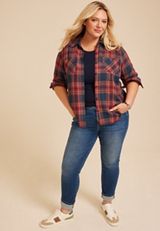 Plus Size Pucker Plaid Button Down Shirt, C6666, small