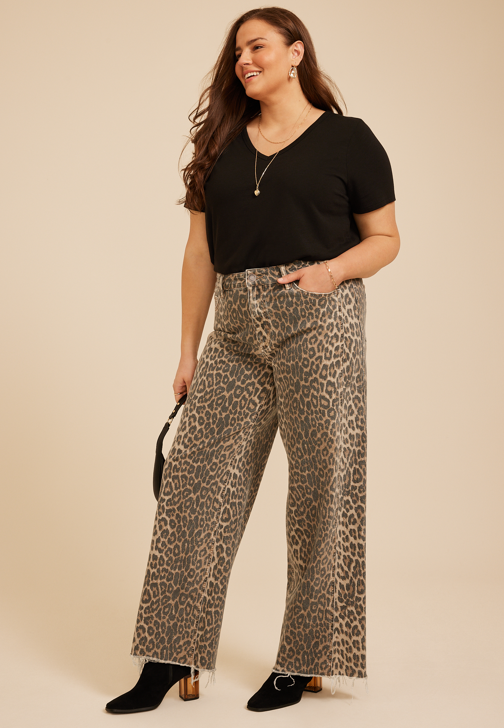 Plus Size Flying Monkey&trade; Super High Rise Raw Hem Leopard Print Wide Leg Jean
