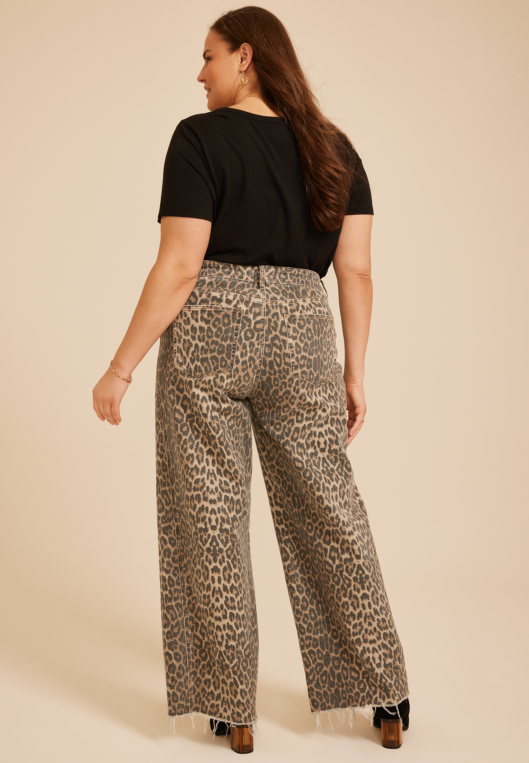 Plus Size Flying Monkey™ Super High Rise Raw Hem Leopard Print Wide Leg Jean, C3681, large