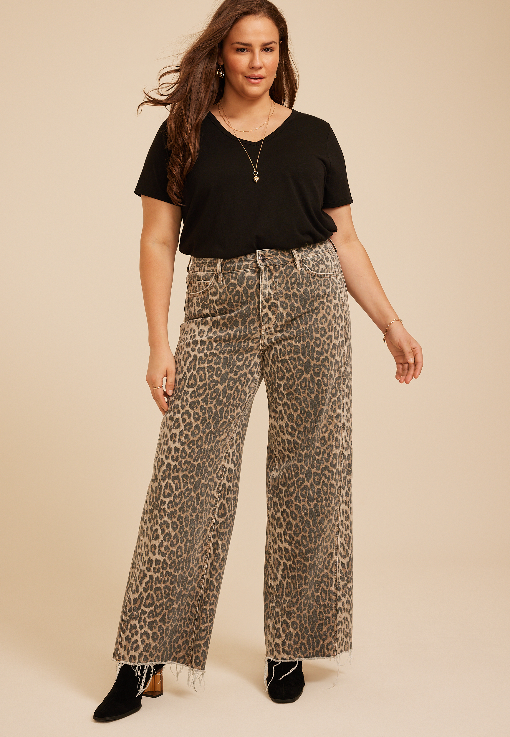 Plus Size Flying Monkey™ Super High Rise Raw Hem Leopard Print Wide Leg Jean, C3681, large