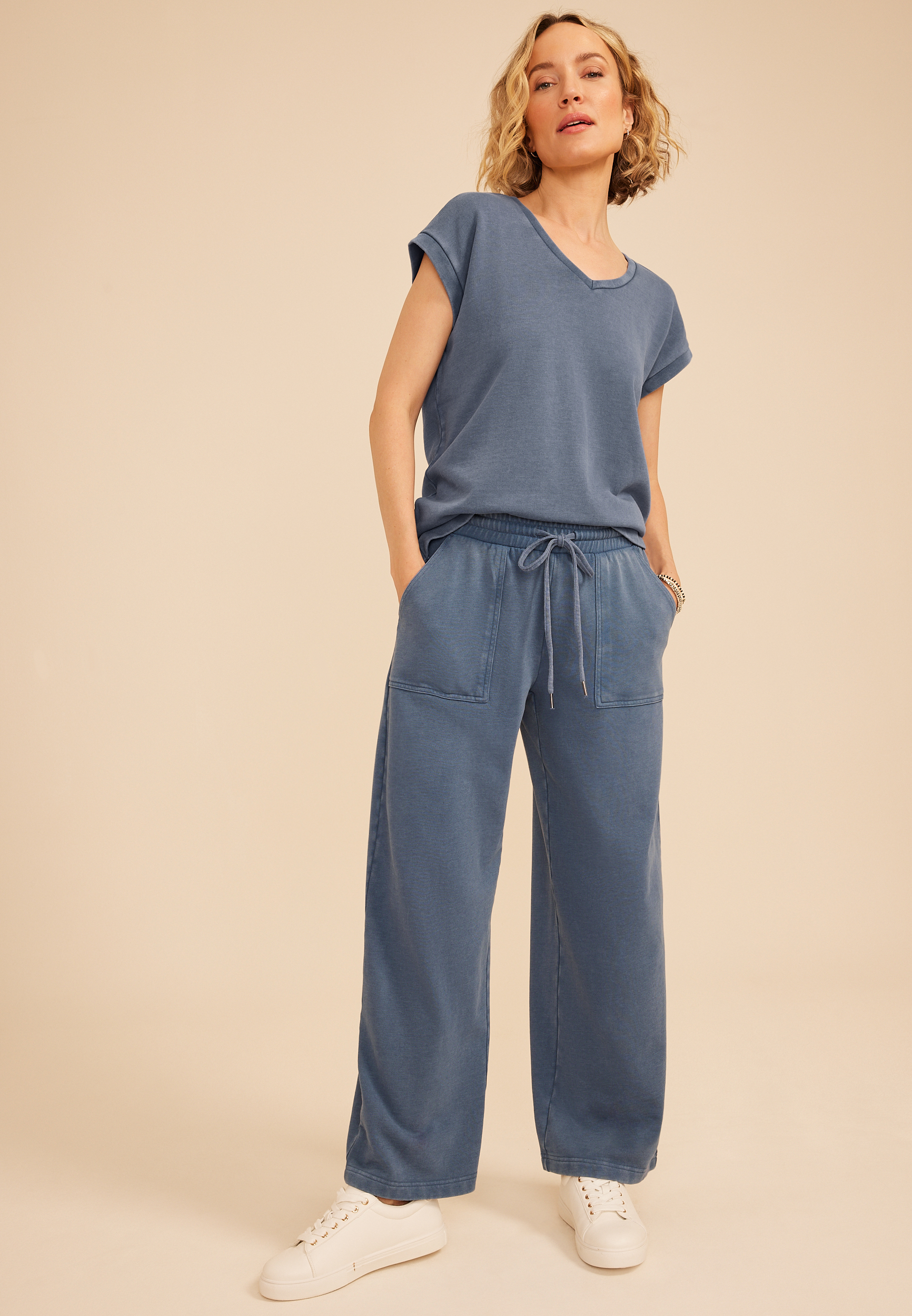 Washed Terry High Rise Wide Leg Pant, C1187, large
