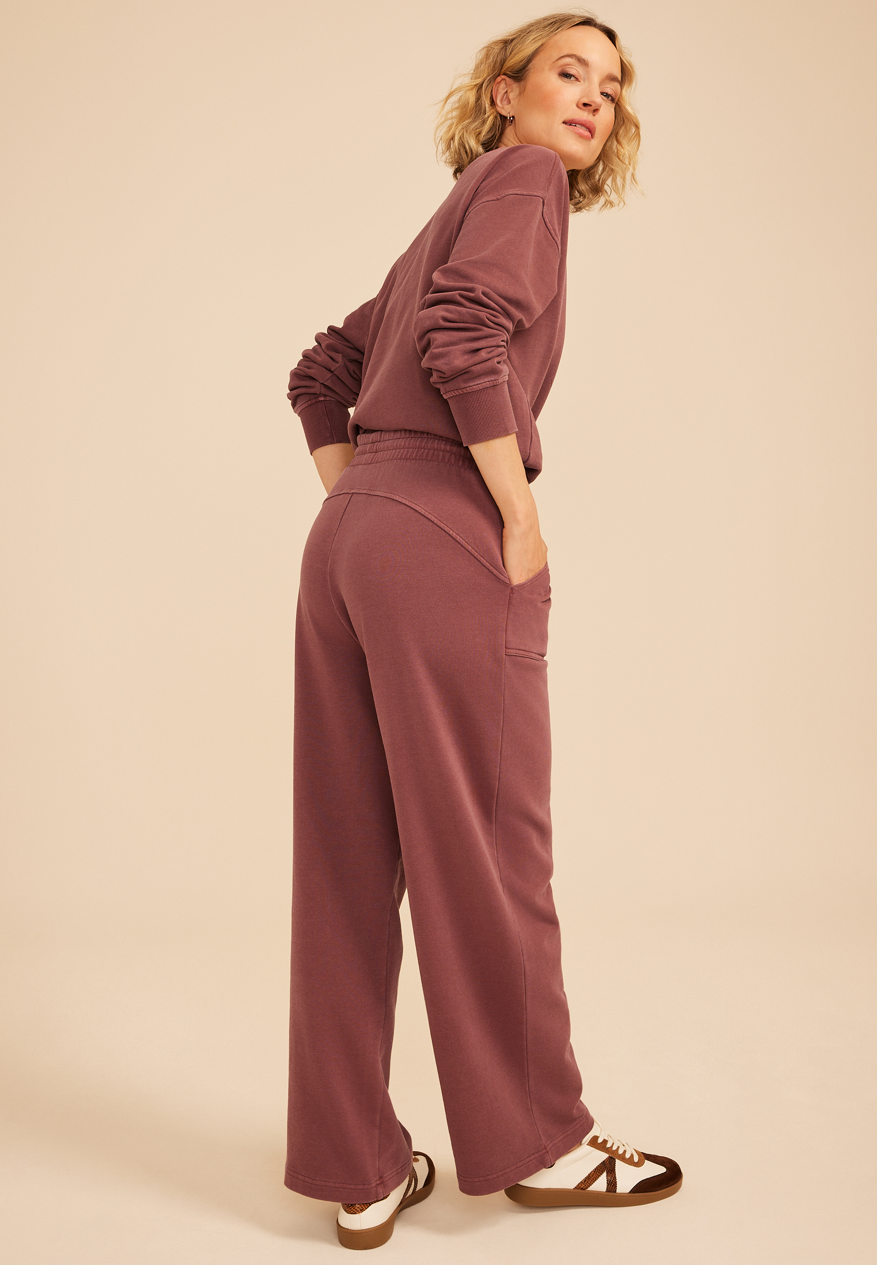 Washed Terry High Rise Wide Leg Pant, COCONUT SHELL, large