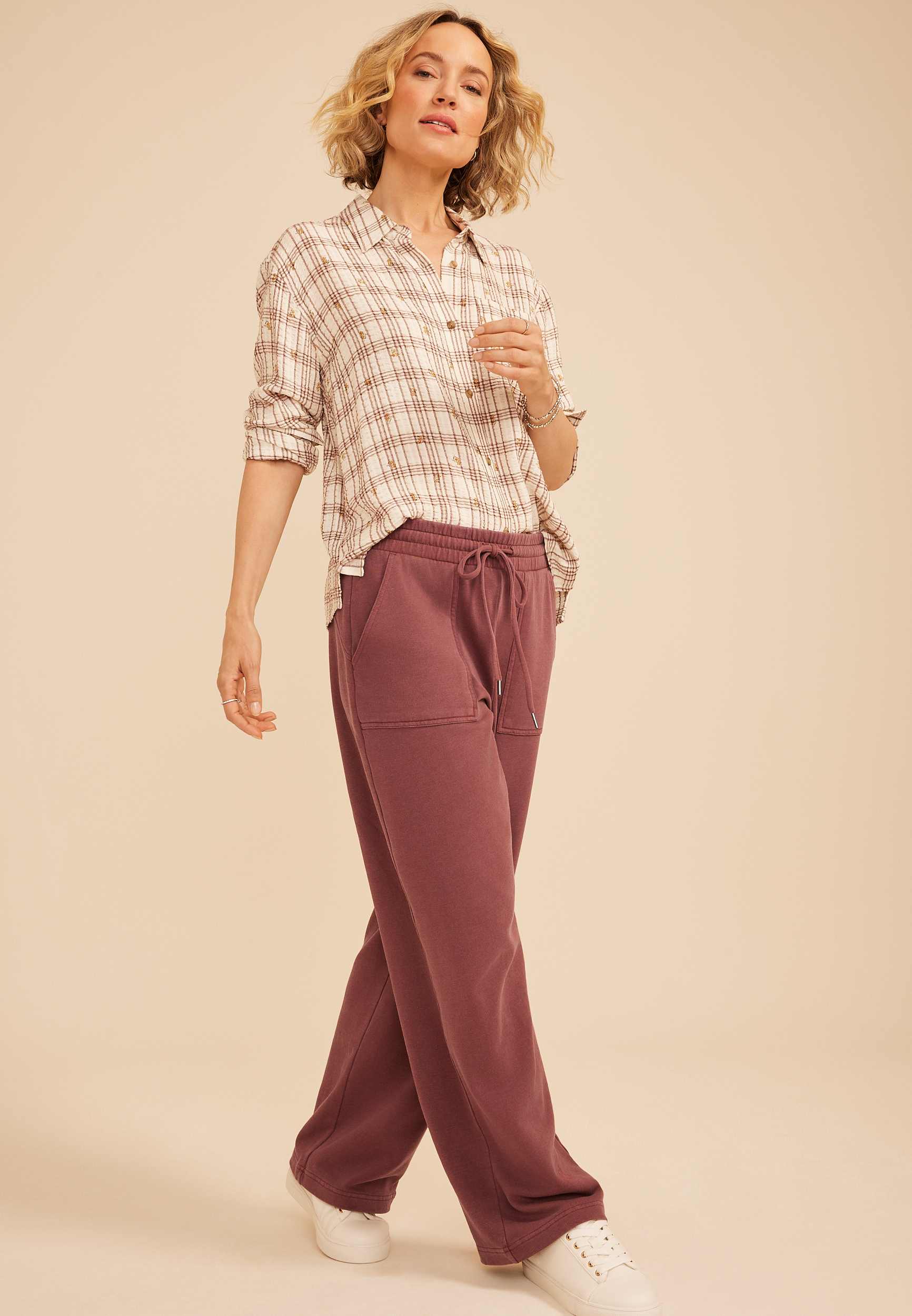 Washed Terry High Rise Wide Leg Pant, COCONUT SHELL, large