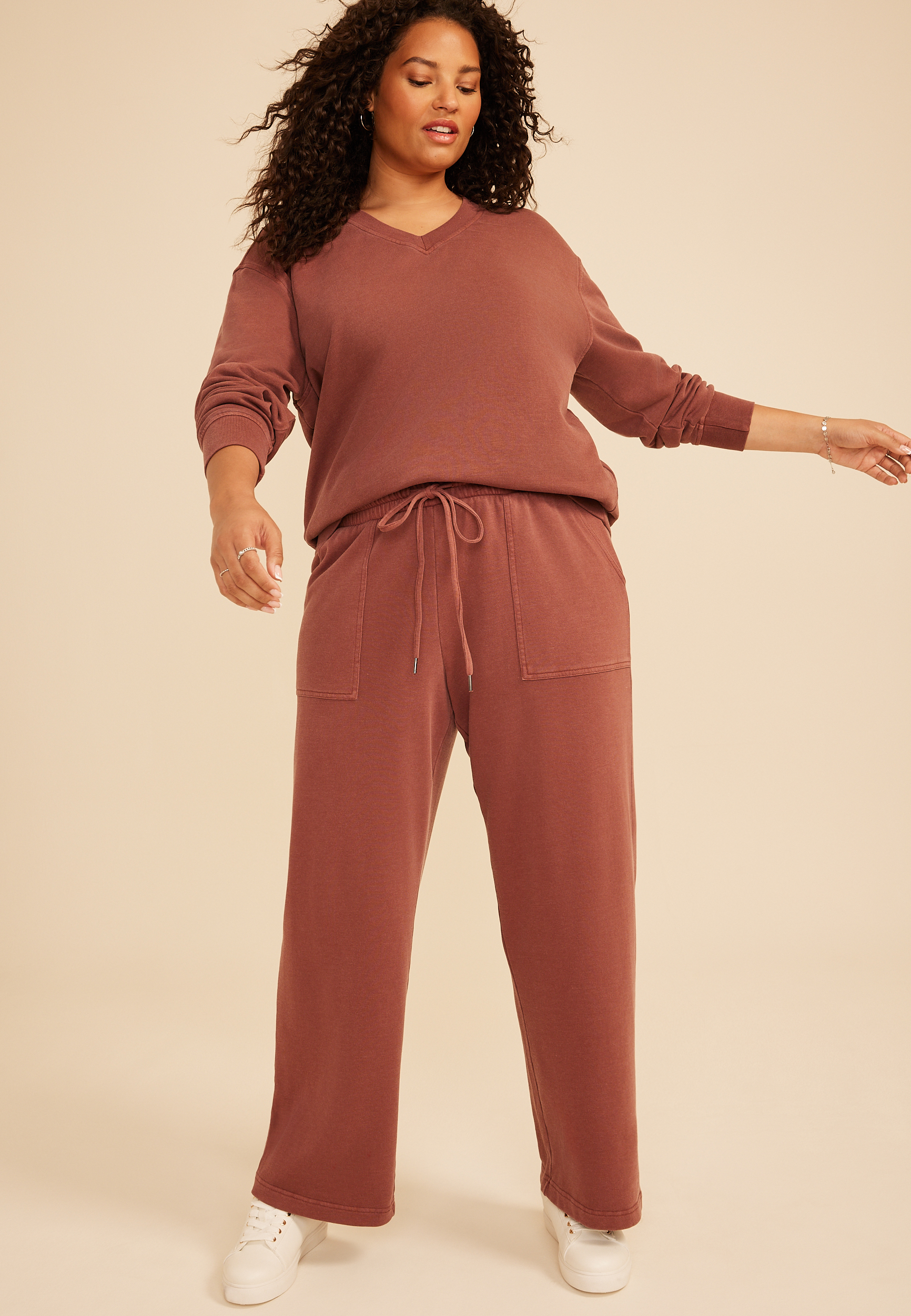 Plus Size Washed Terry High Rise Wide Leg Pant