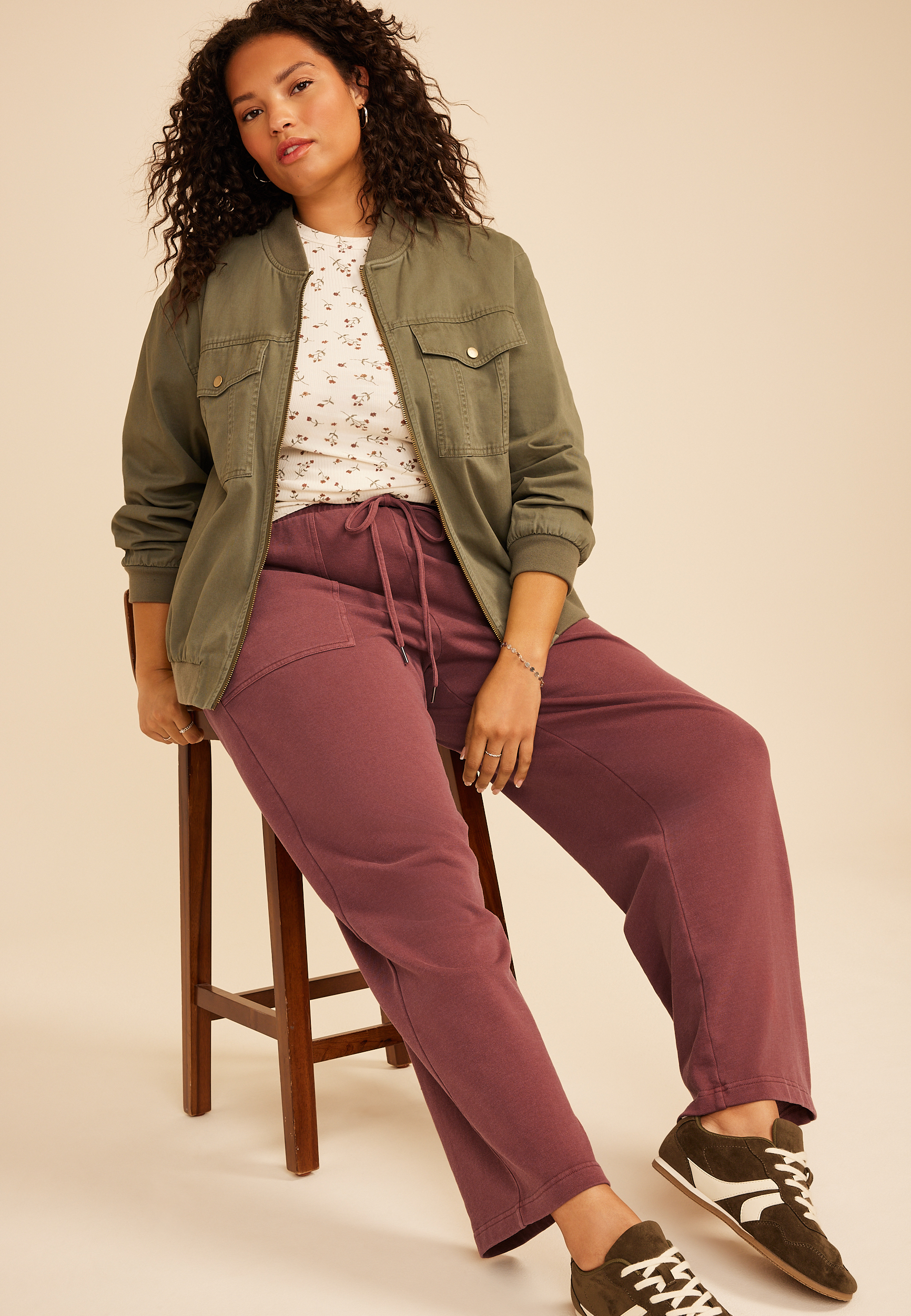 Plus Size Washed Terry High Rise Wide Leg Pant, COCONUT SHELL, large