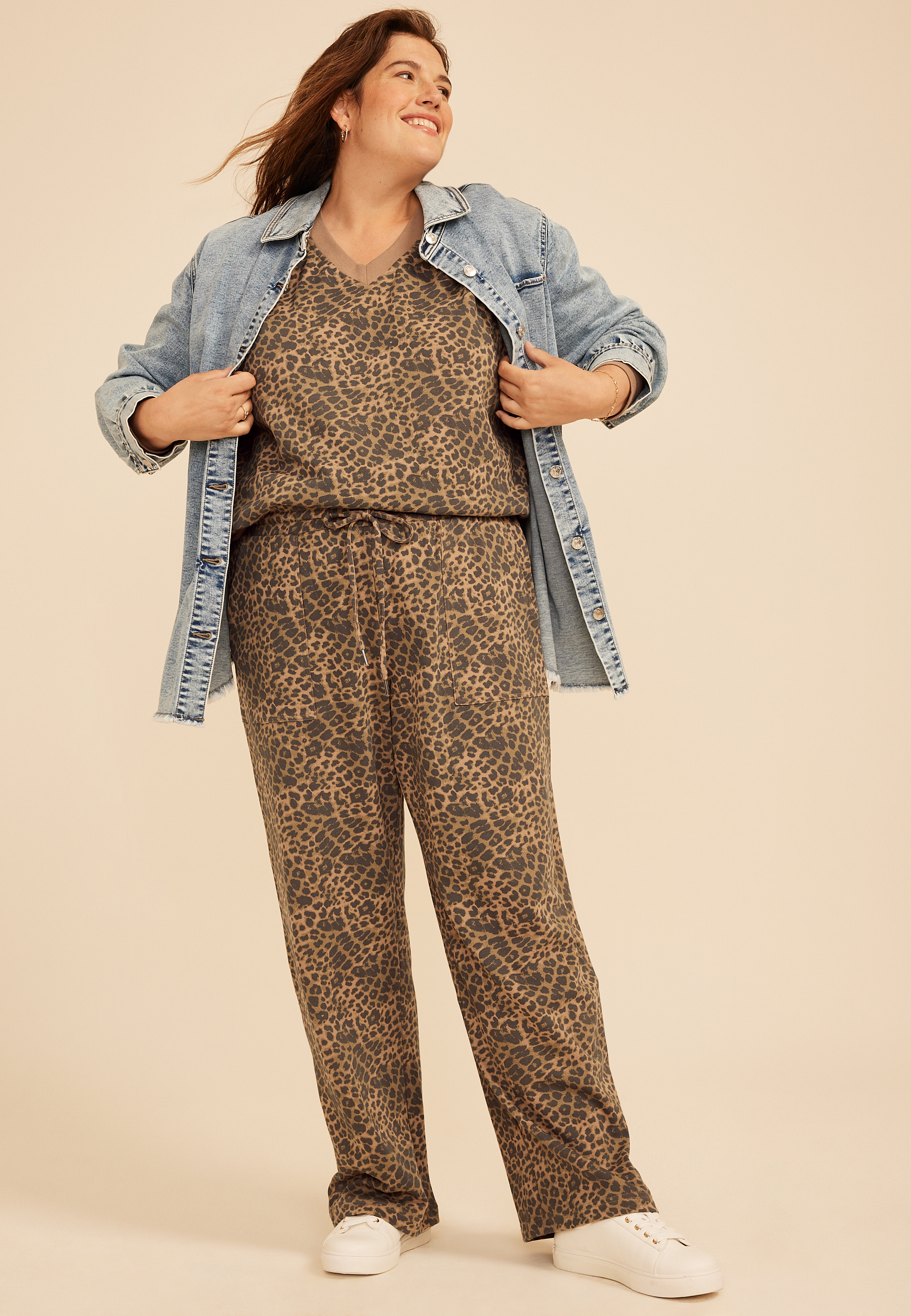 Plus Size Washed Terry High Rise Wide Leg Pant