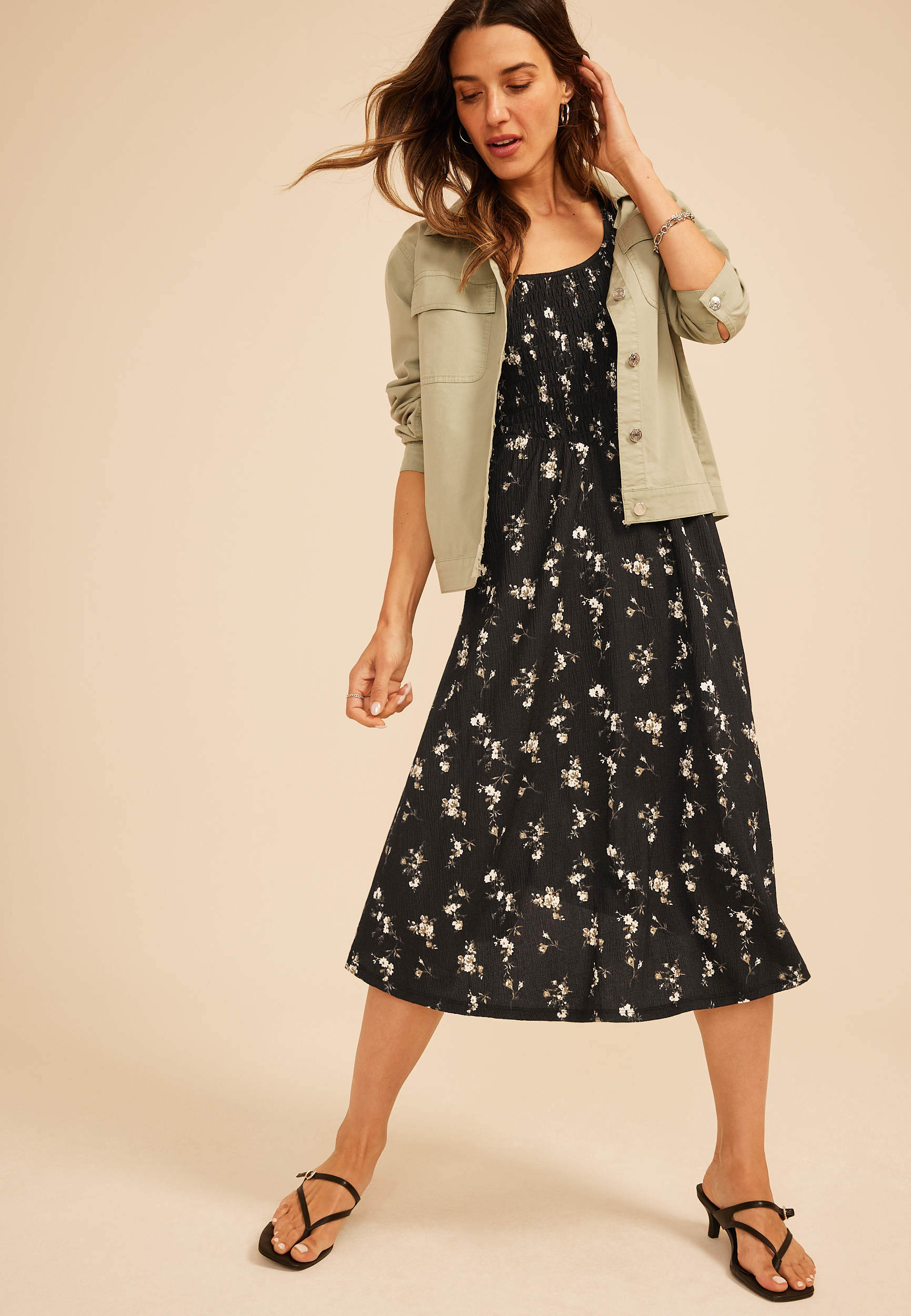 Bare Scoop Neck Smocked Midi Dress