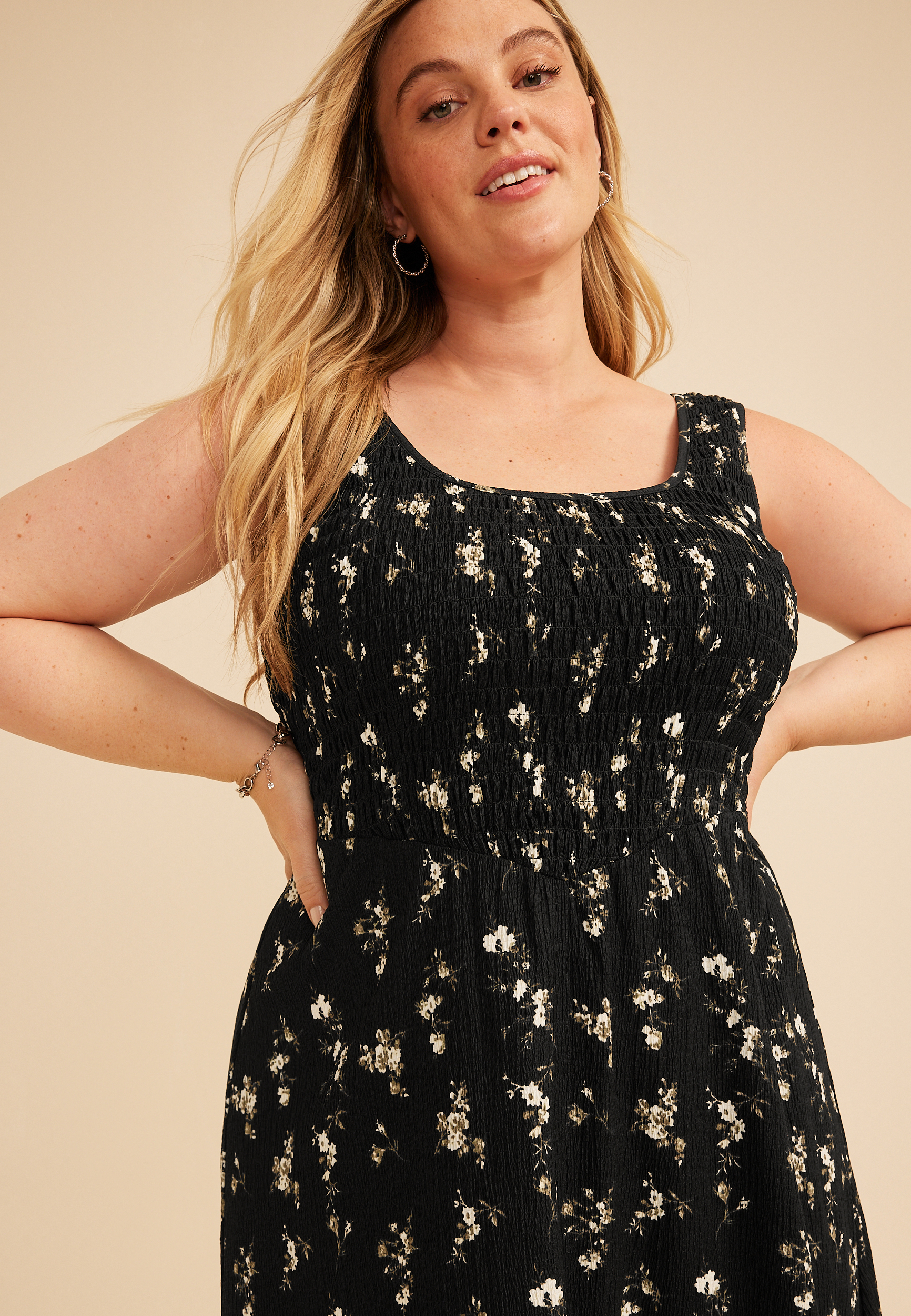 Plus Size Bare Scoop Neck Smocked Midi Dress
