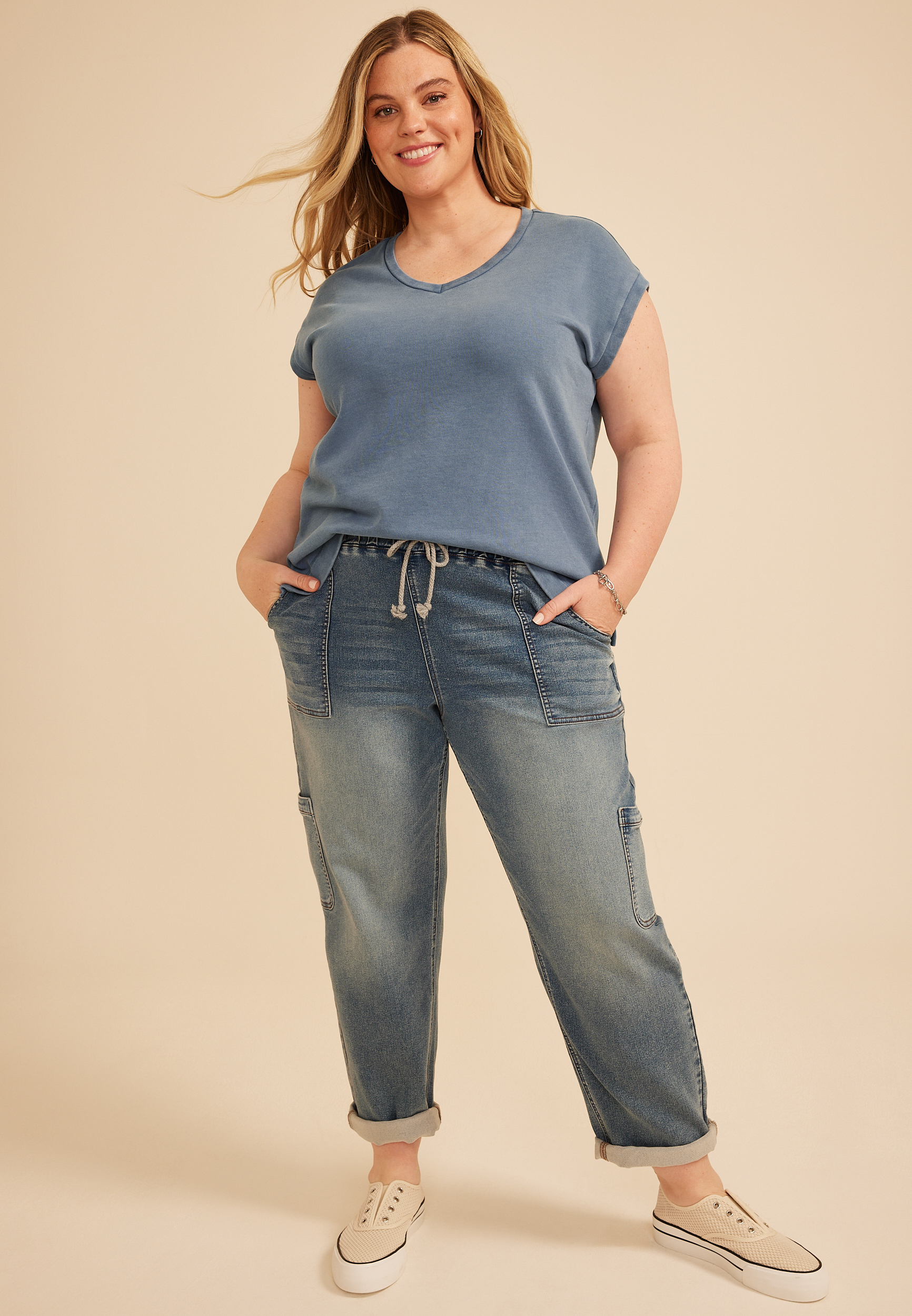 Plus Size Washed Terry V Neck Tee