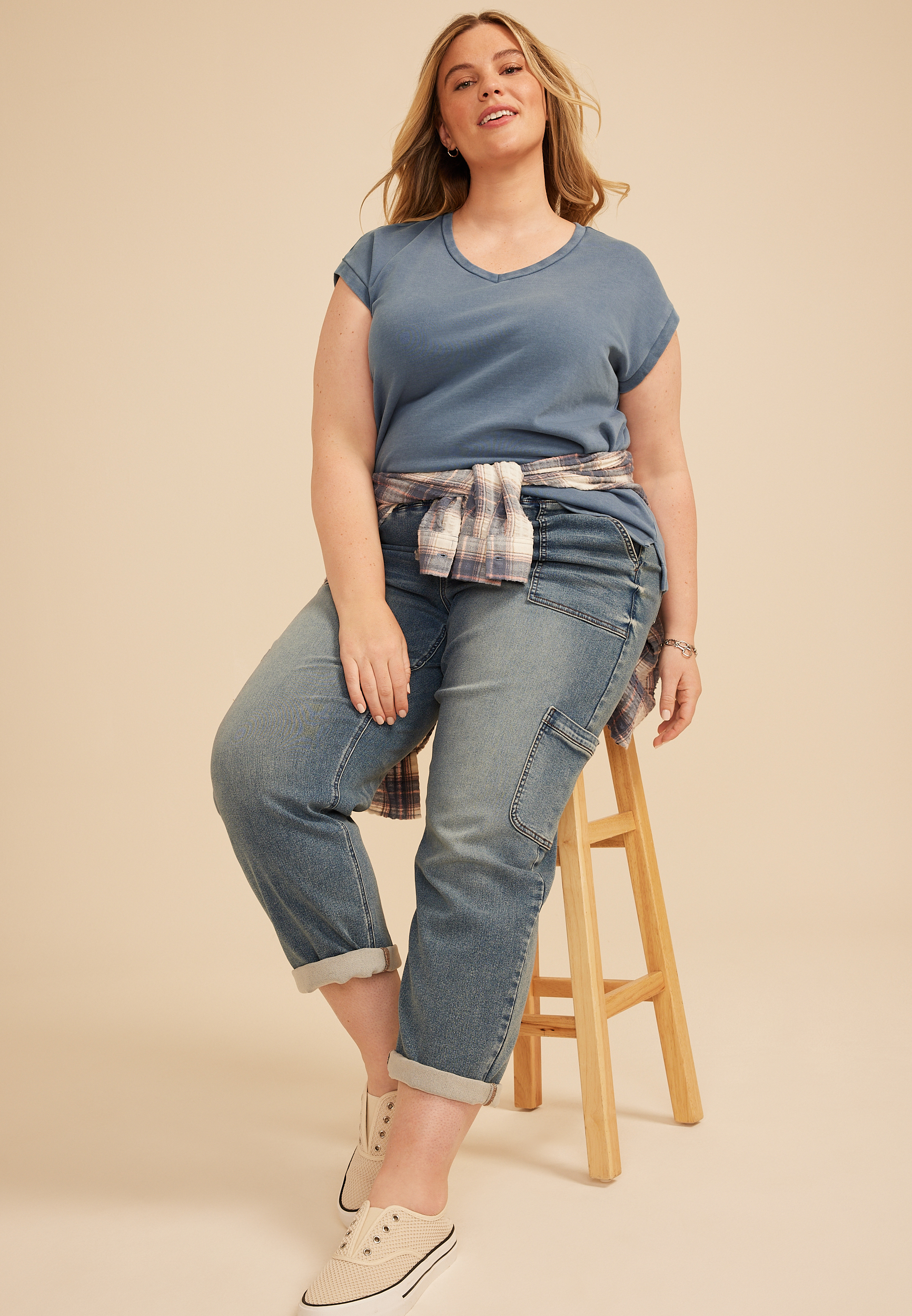 Plus Size Washed Terry V Neck Tee - thumbnail 6