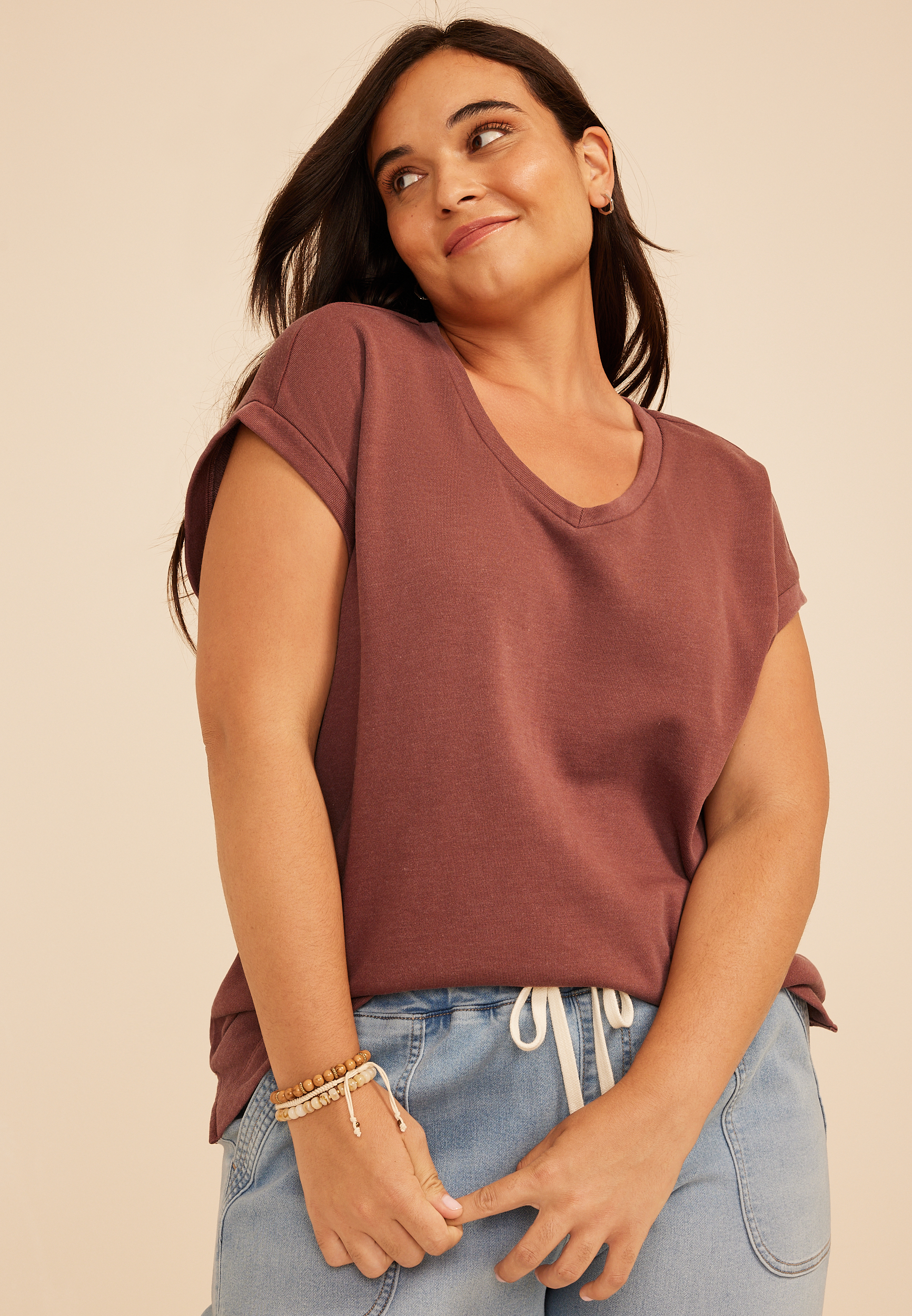Plus Size Washed Terry V Neck Tee, COCONUT SHELL, large