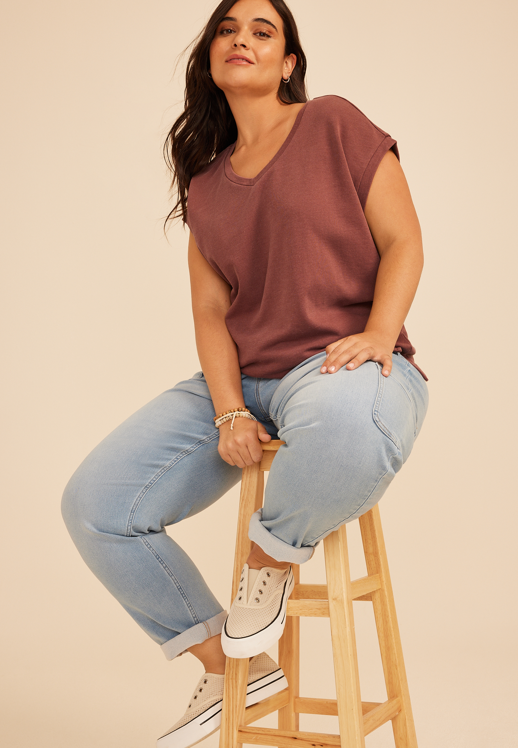 Plus Size Washed Terry V Neck Tee, COCONUT SHELL, large