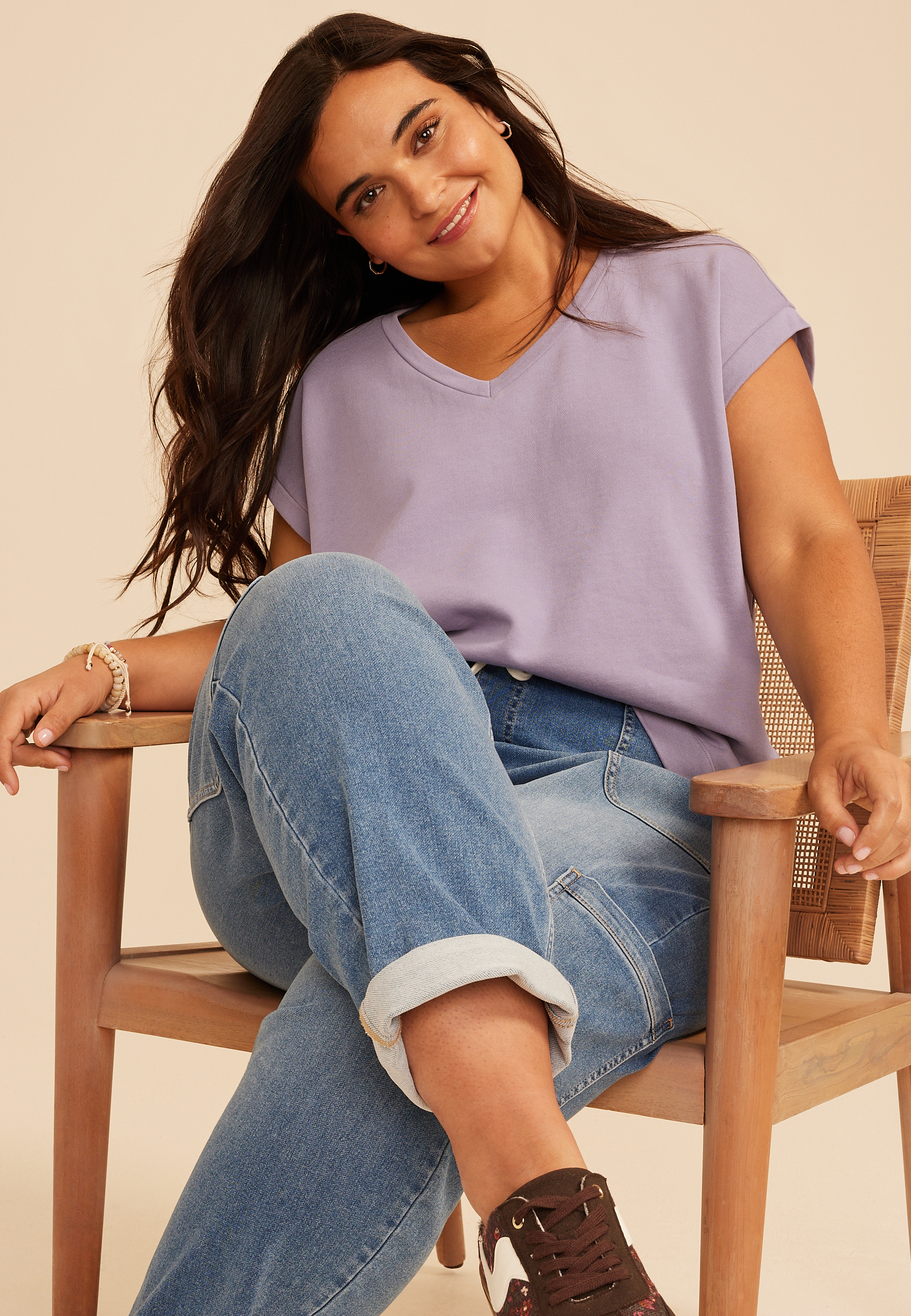 Plus Size Washed Terry V Neck Tee