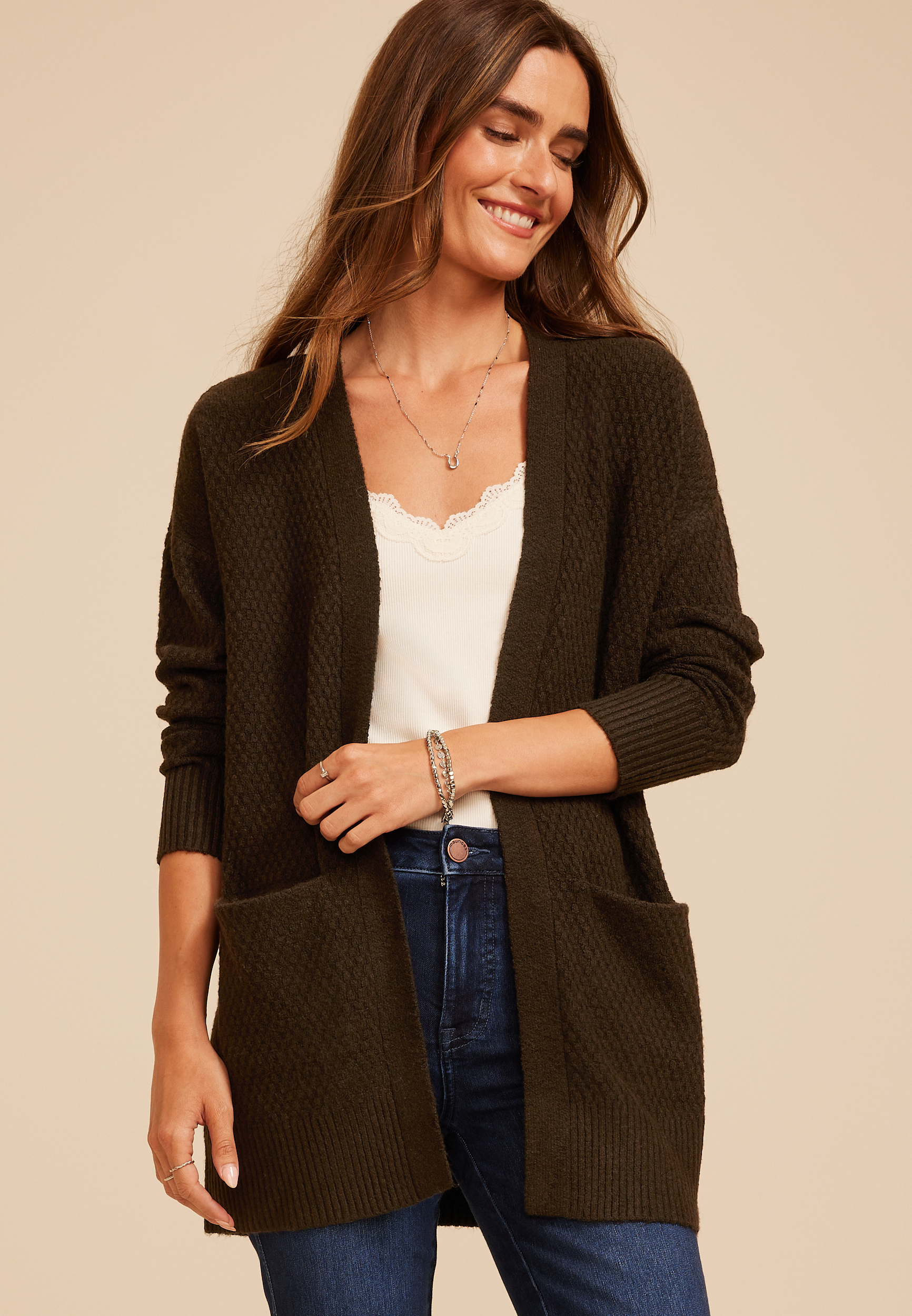 90s Slouch Open Front Cardigan, COFFEE BEAN, large