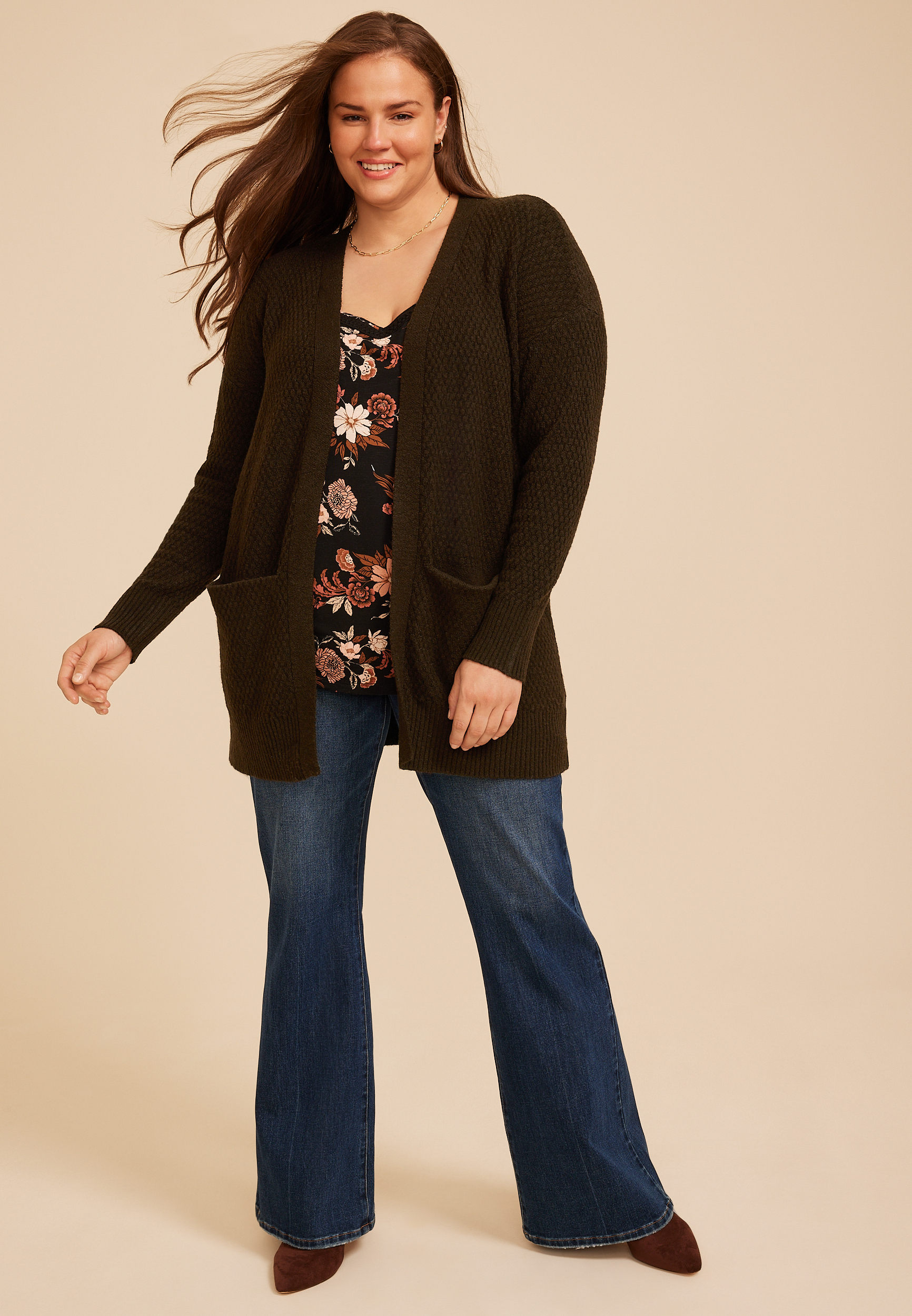 Plus Size 90s Slouch Open Front Cardigan, COFFEE BEAN, large
