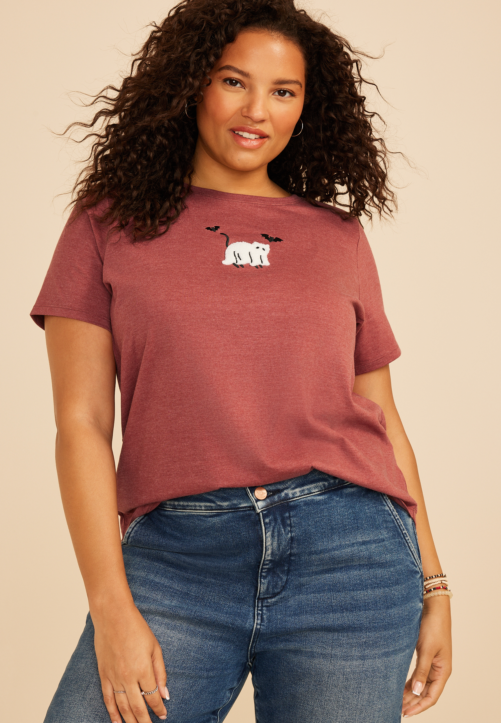 Plus Size Halloween Ghost Cat Classic Fit Graphic Tee, C9585, large