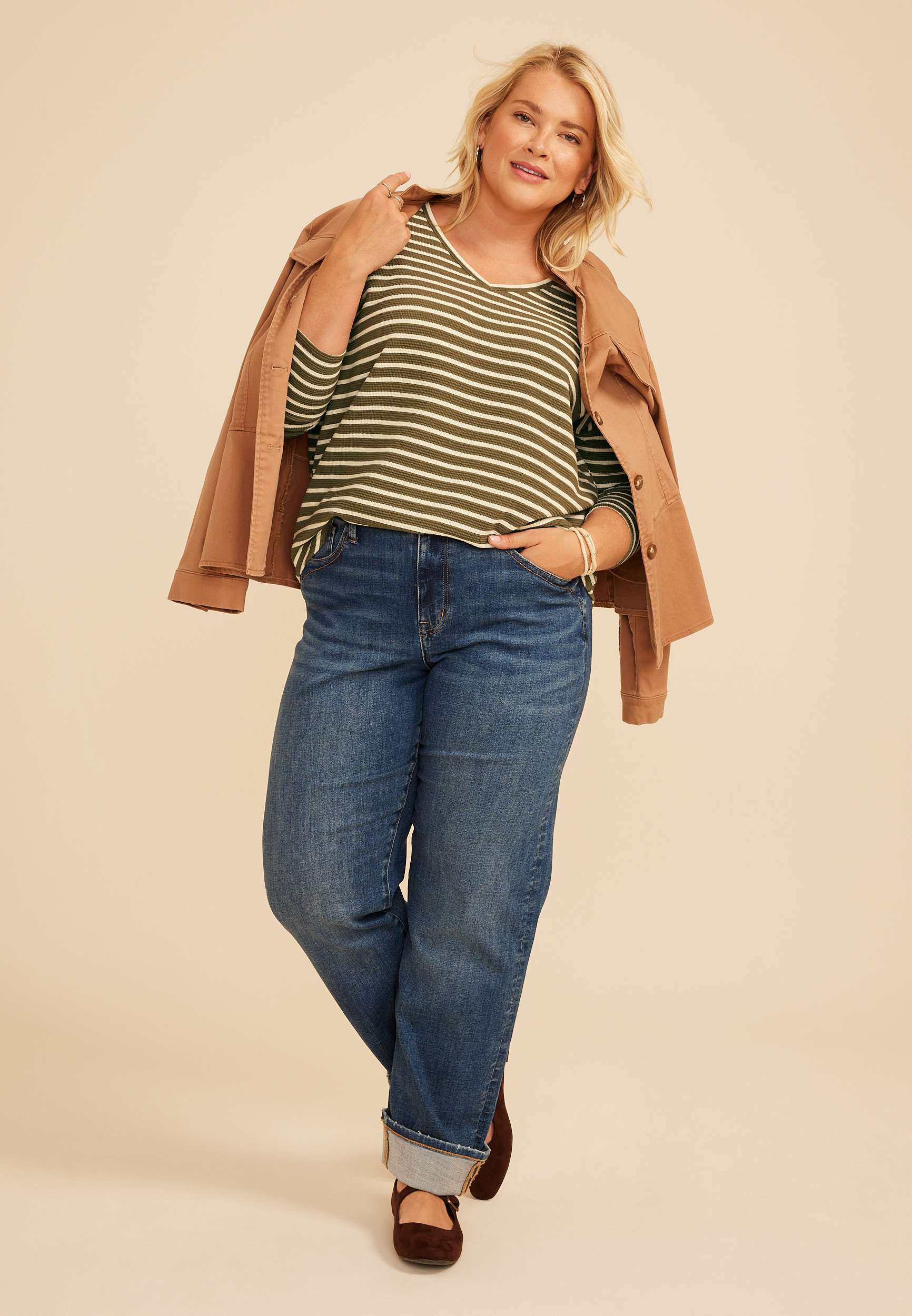 Plus Size 24/7 Clara Stripe Long Sleeve Tee