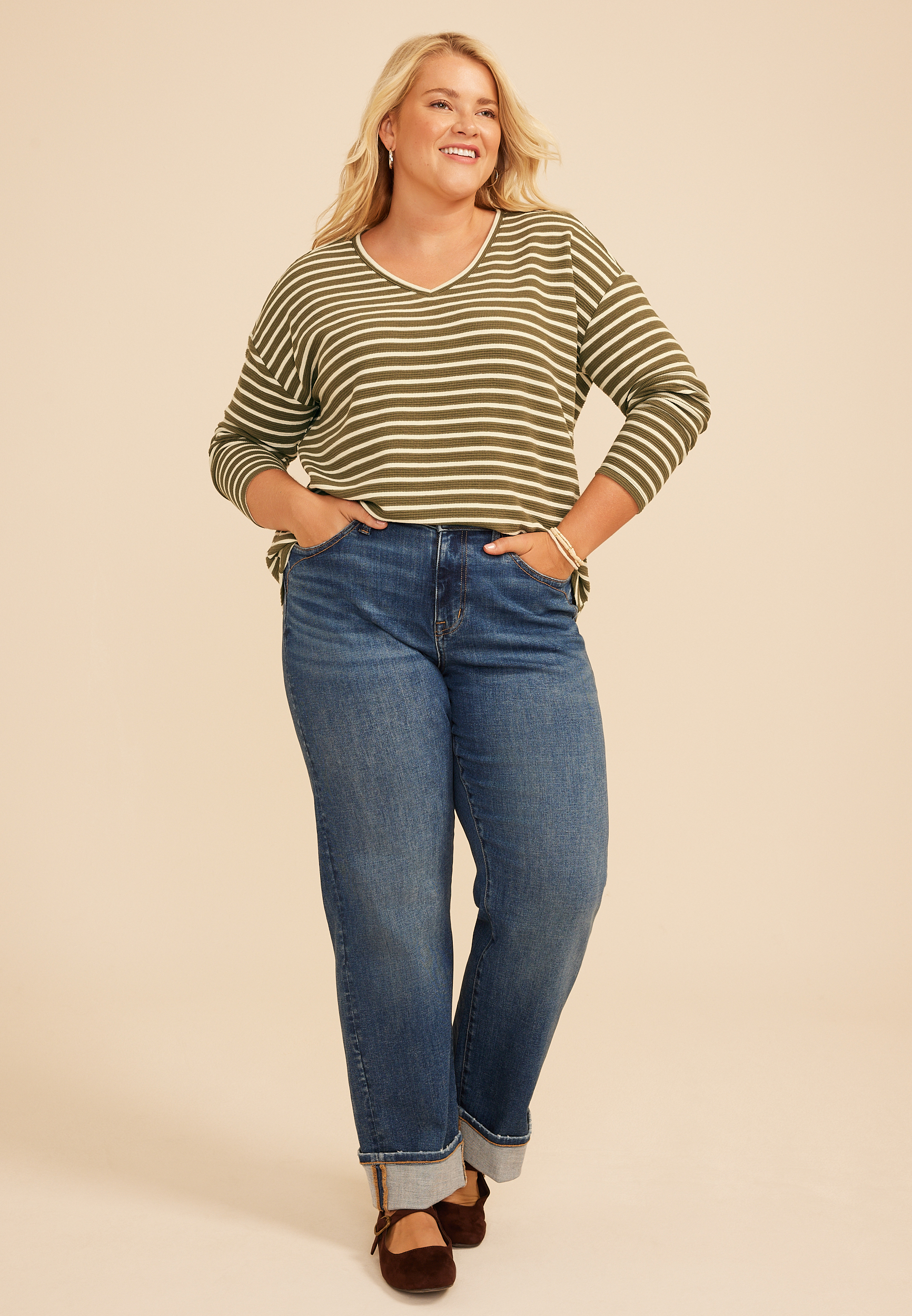 Plus Size 24/7 Clara Stripe Long Sleeve Tee, C3145, large
