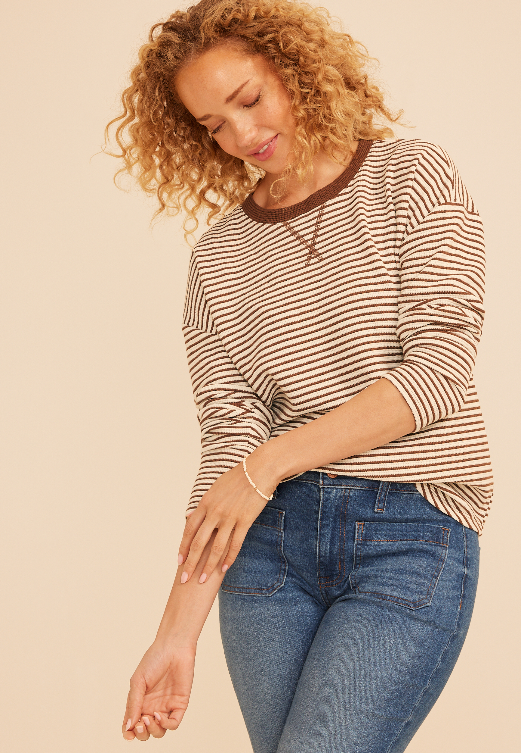 24/7 Clara Textured Stripe Long Sleeve Tee, C30, large