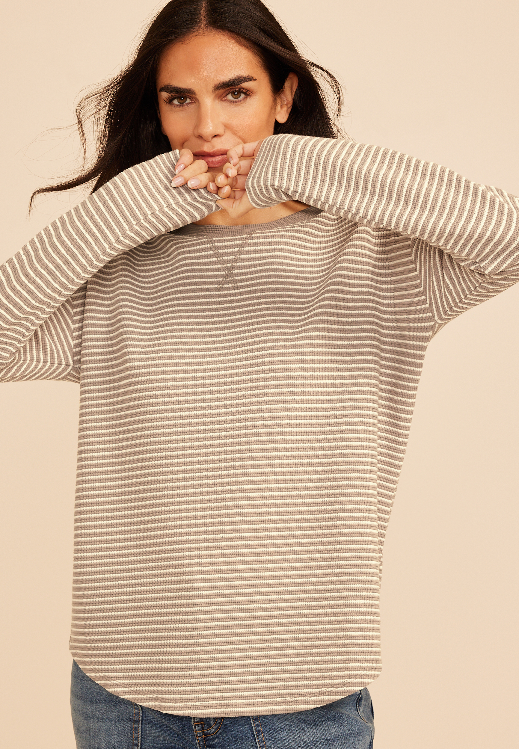 24/7 Clara Textured Stripe Long Sleeve Tee, C5222, large