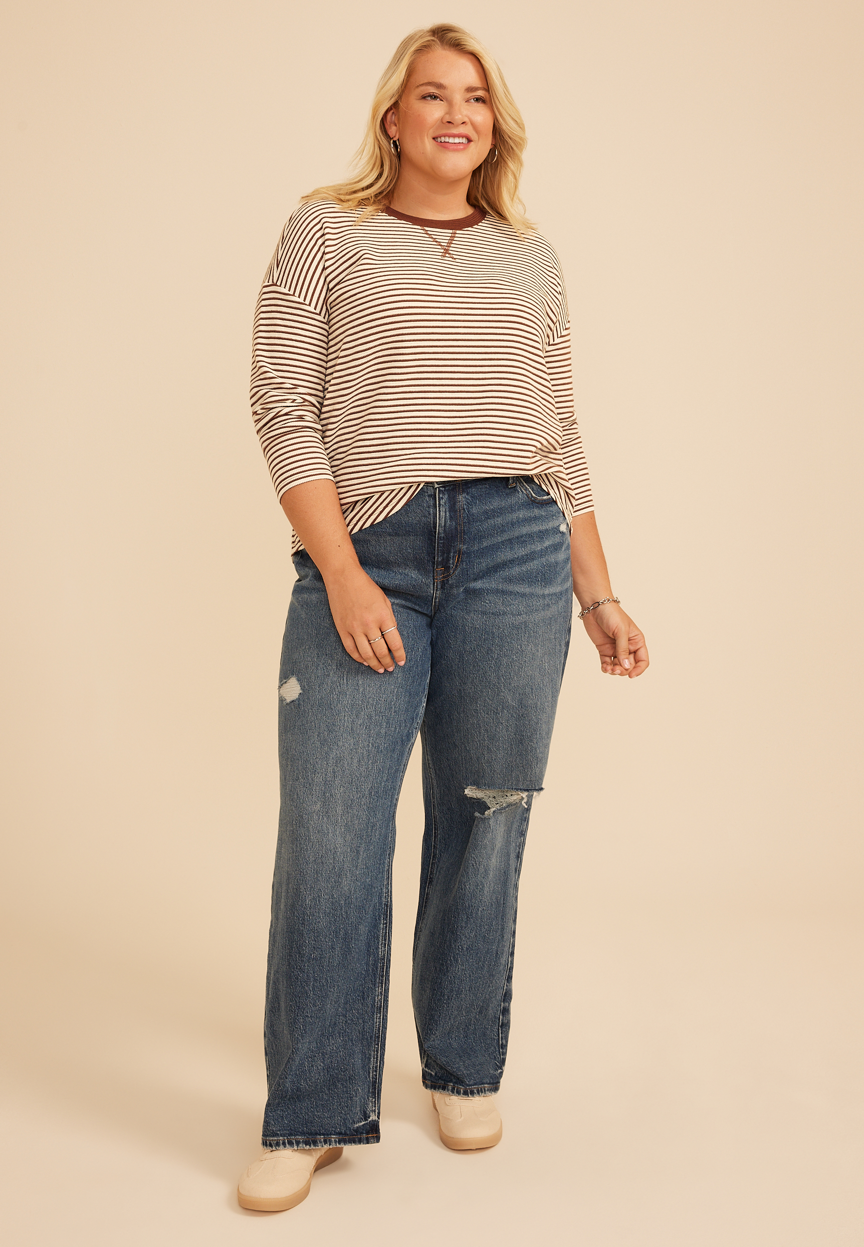 Plus 24/7 Clara Textured Stripe Long Sleeve Tee