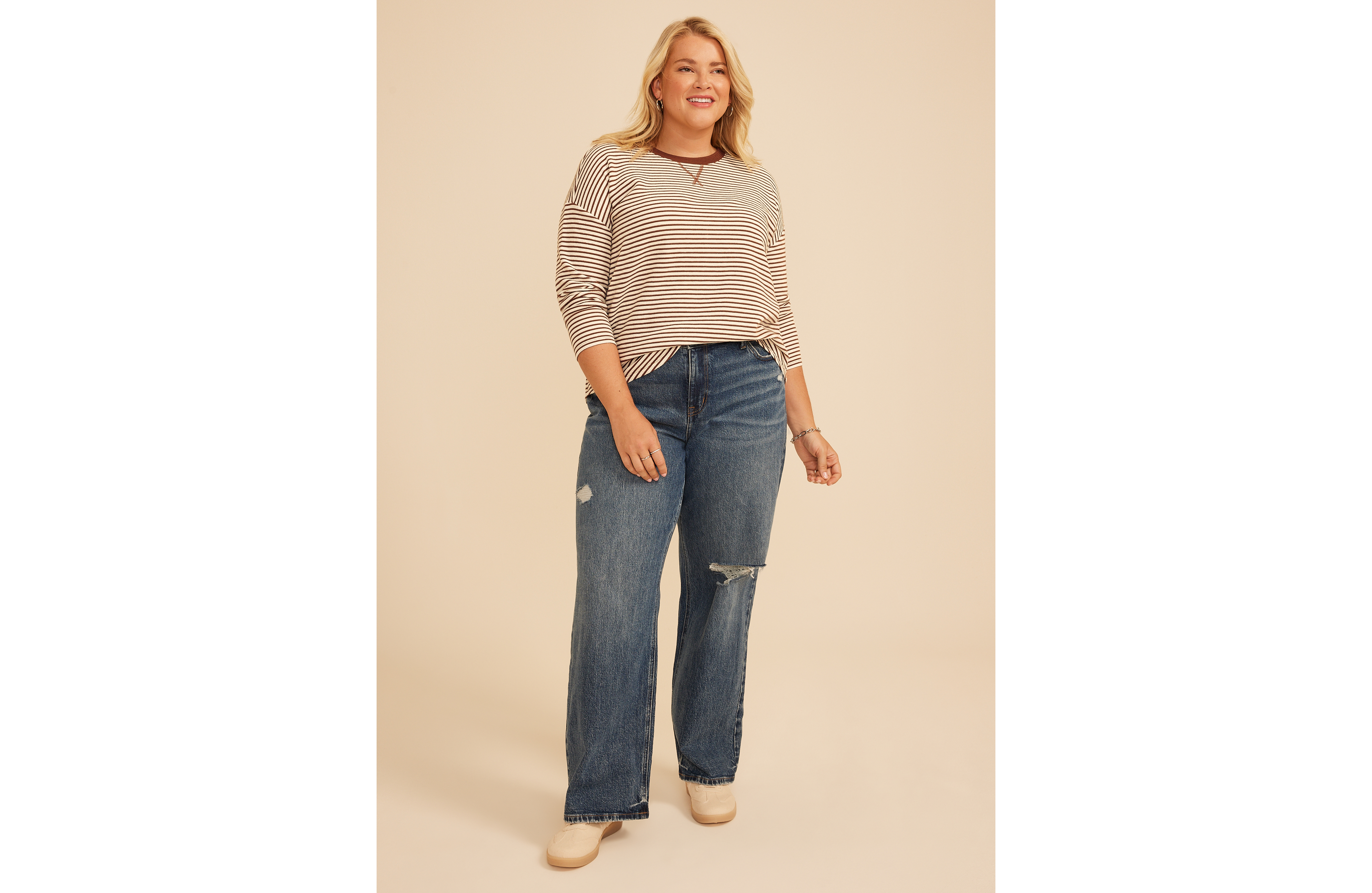 Plus 24/7 Clara Textured Stripe Long Sleeve Tee