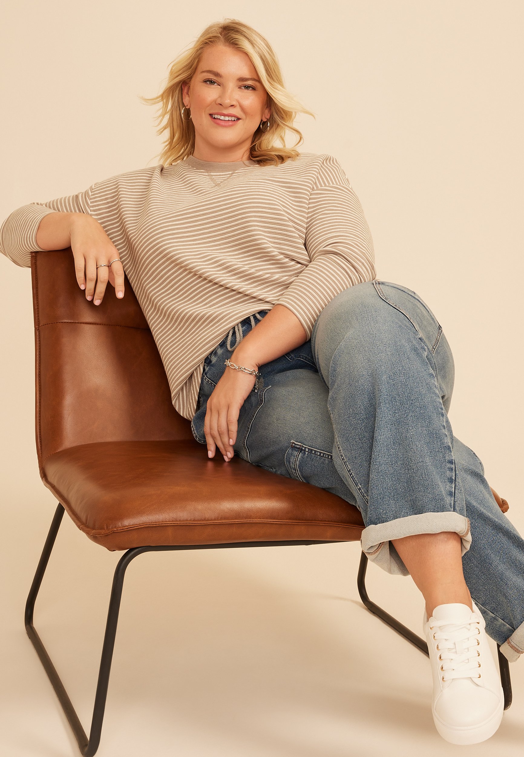 Plus Size 24/7 Clara Textured Stripe Long Sleeve Tee