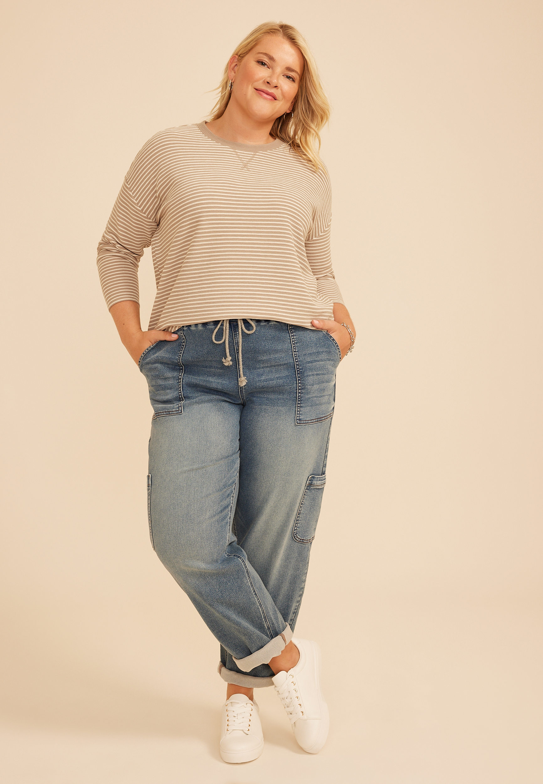 Plus Size 24/7 Clara Textured Stripe Long Sleeve Tee, C5222, large