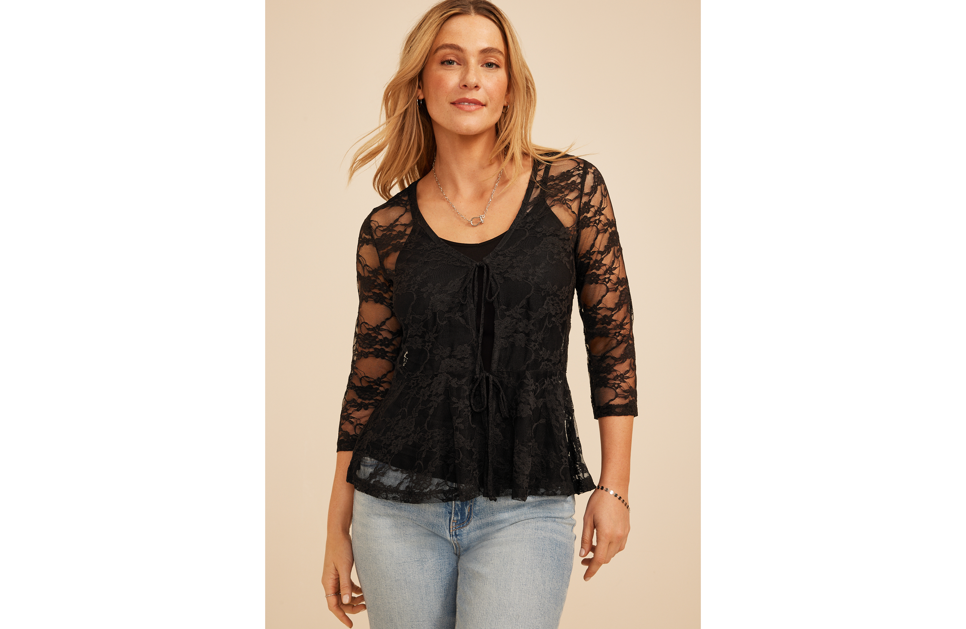 Black Sheer Lace Tie Front Cardigan