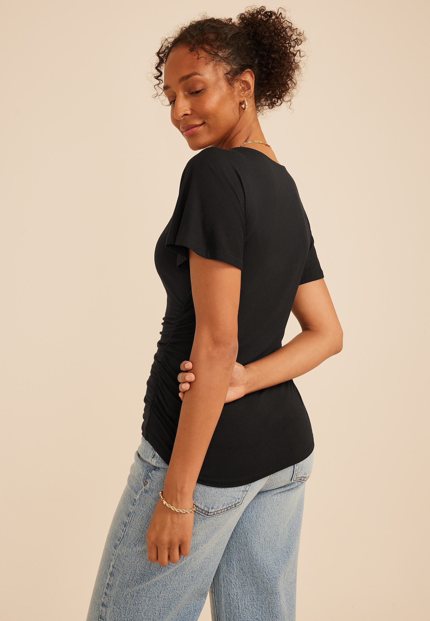 Ruched Side Flutter Sleeve Top