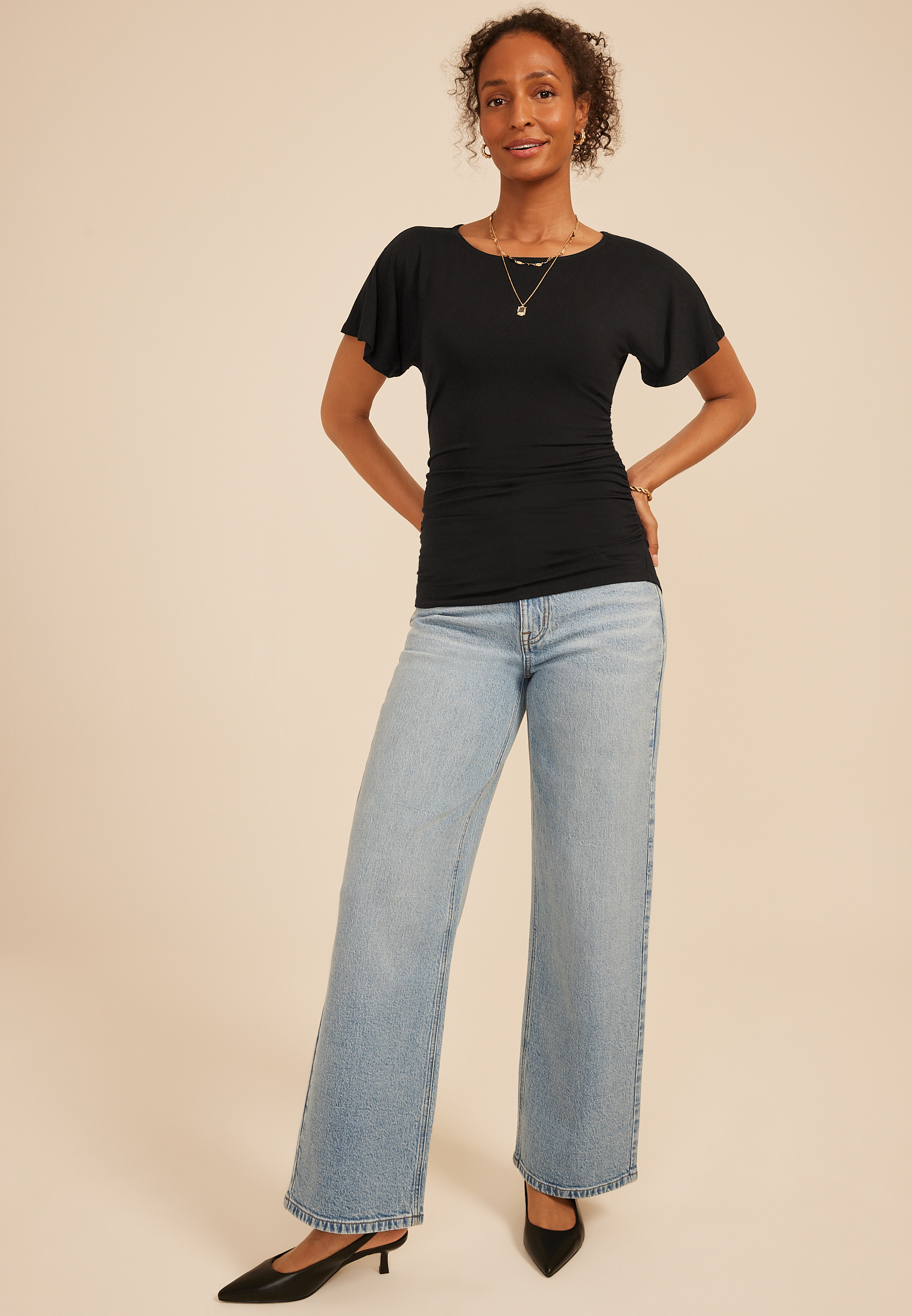 Ruched Side Flutter Sleeve Top