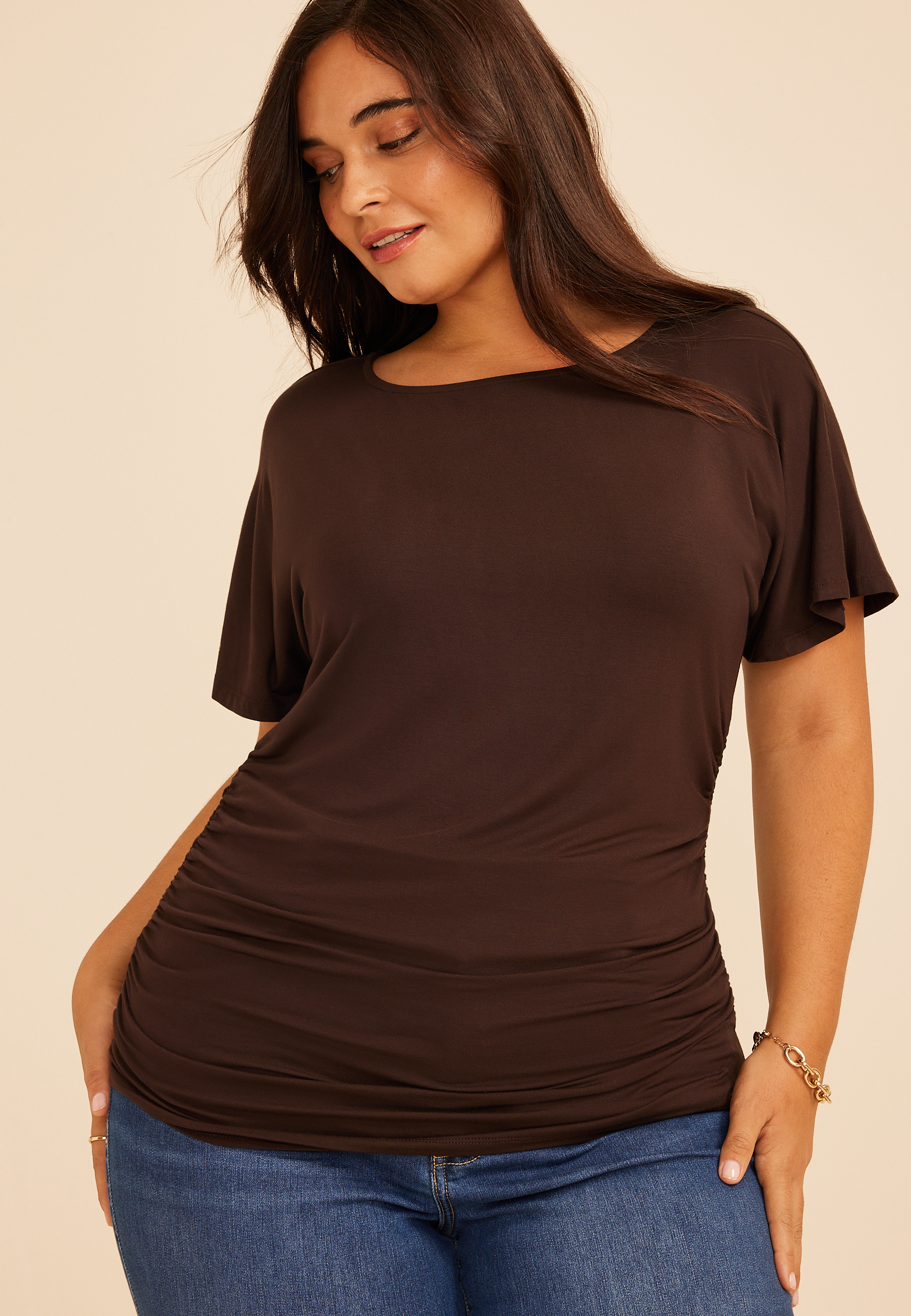 Plus Size Ruched Side Flutter Sleeve Top - thumbnail 9