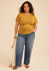 Plus Size Ruched Side Flutter Sleeve Top, C3889, small
