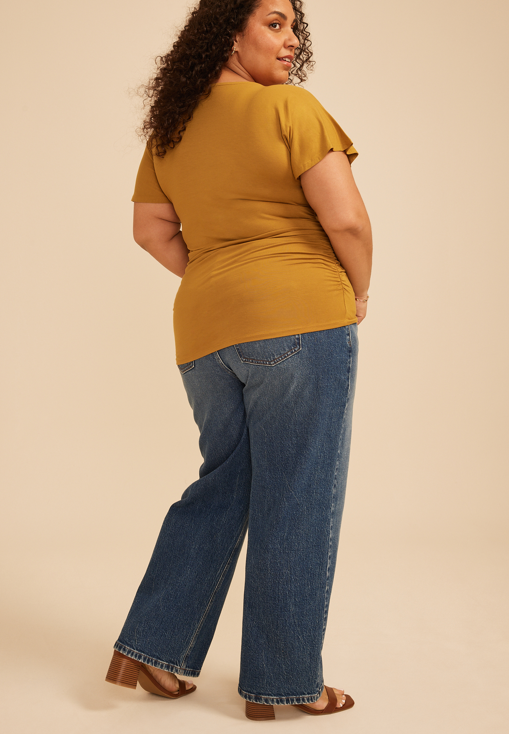 Plus Size Ruched Side Flutter Sleeve Top, C3889, large