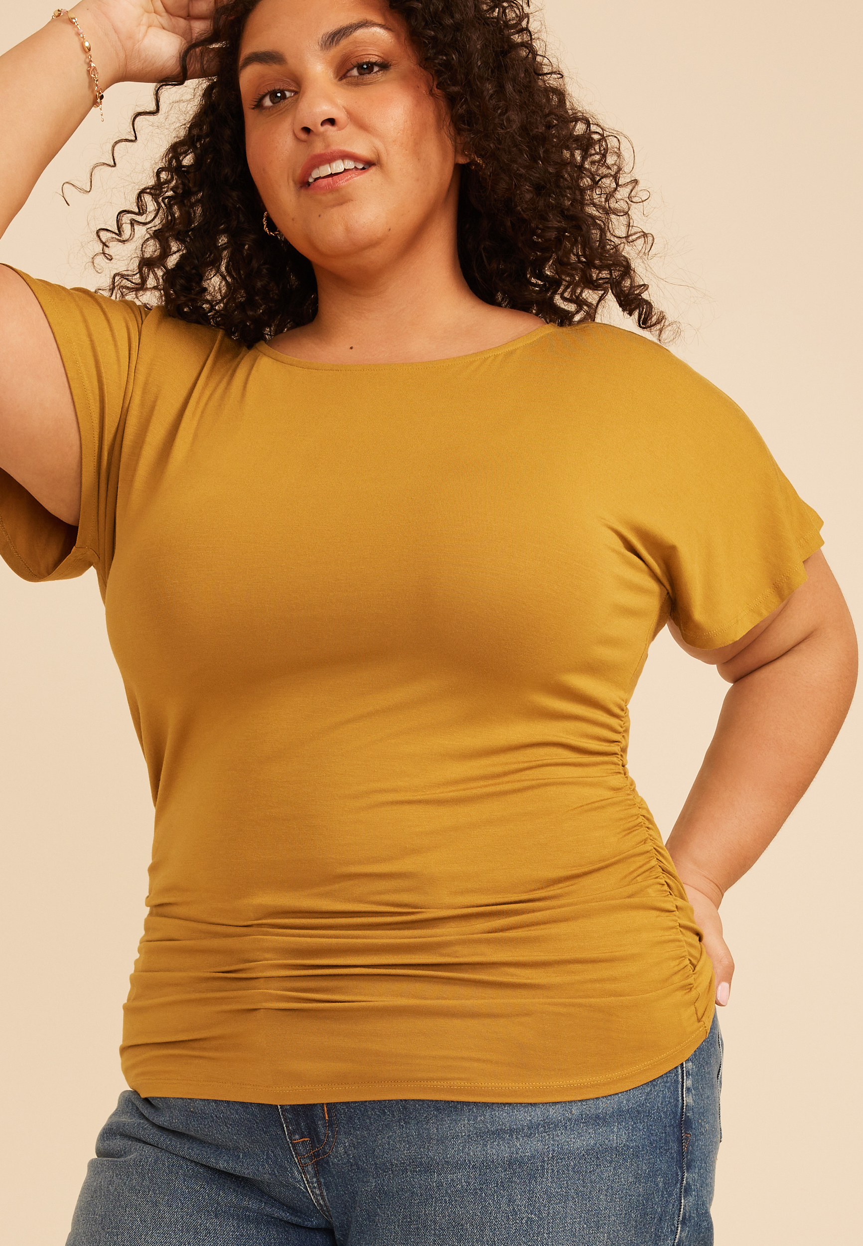 Plus Size Ruched Side Flutter Sleeve Top, C3889, large
