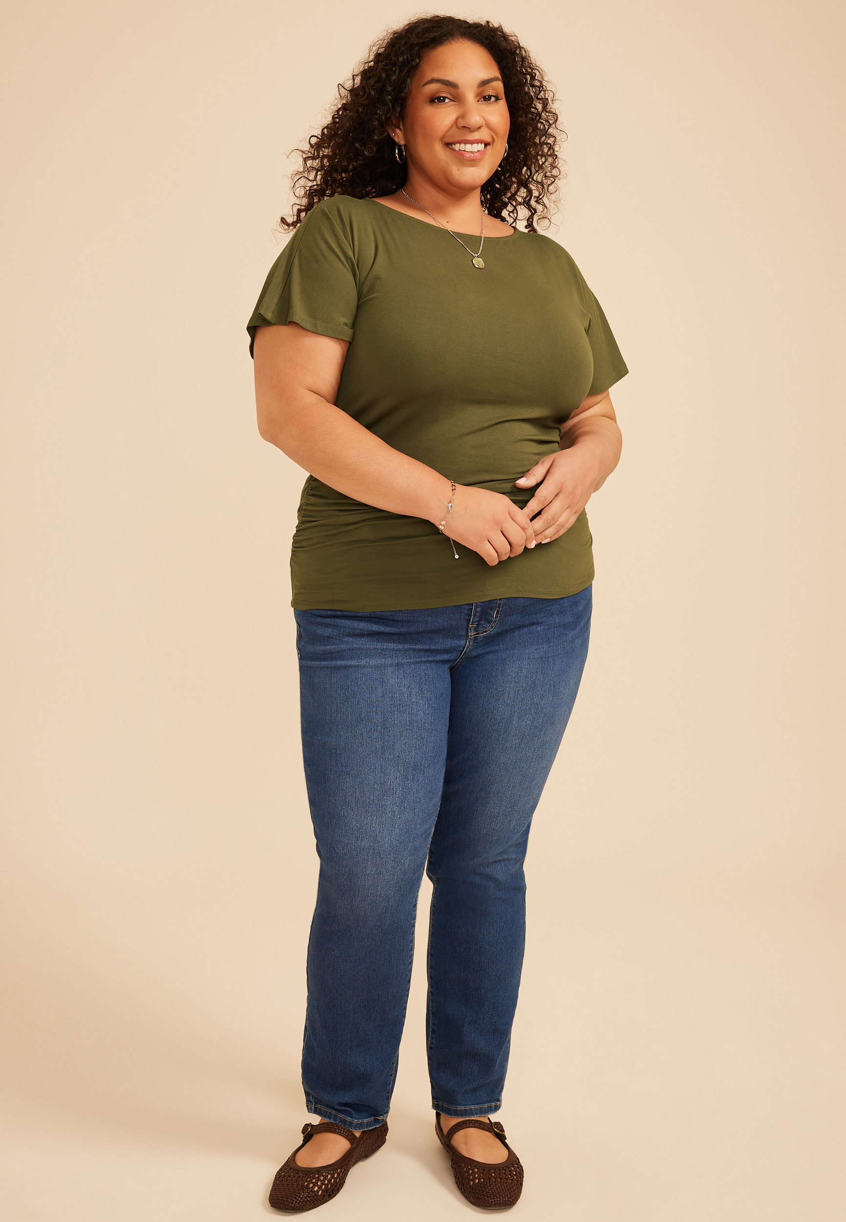 Plus Size Ruched Side Flutter Sleeve Top