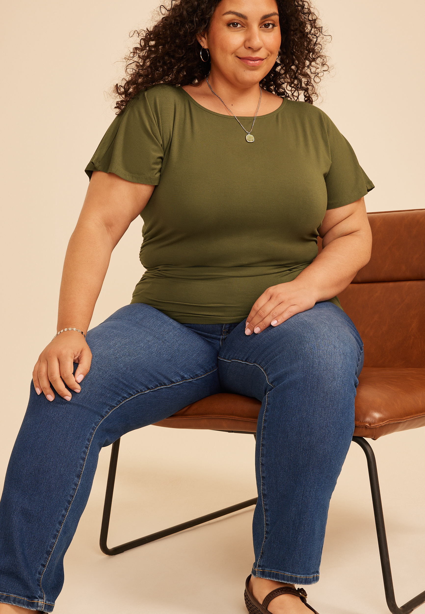 Plus Size Ruched Side Flutter Sleeve Top - thumbnail 3