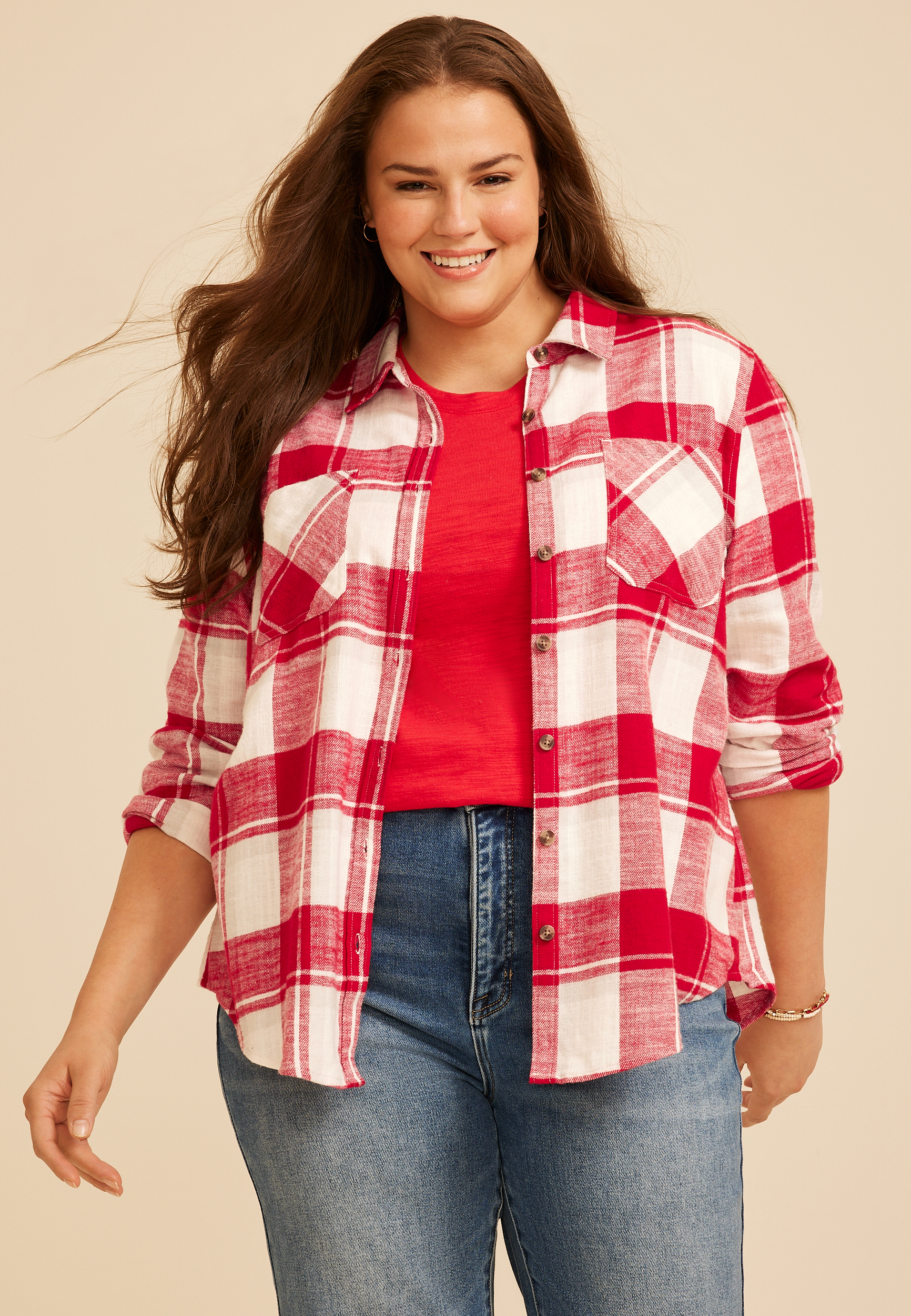 Plus Size Classic Plaid Button Down Shirt, C7044, large
