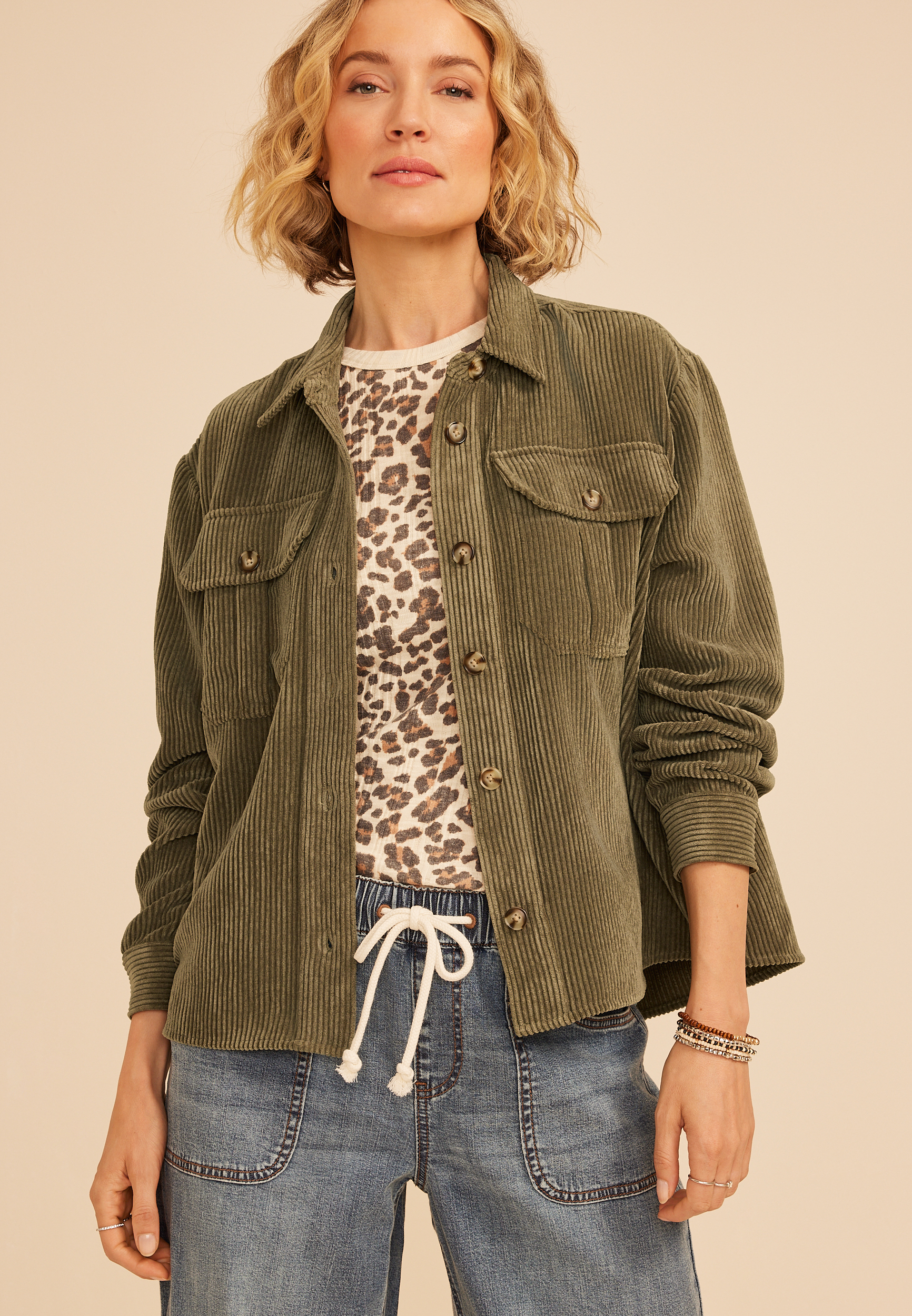 Olive Green Corduroy Utility Shacket, C186, large