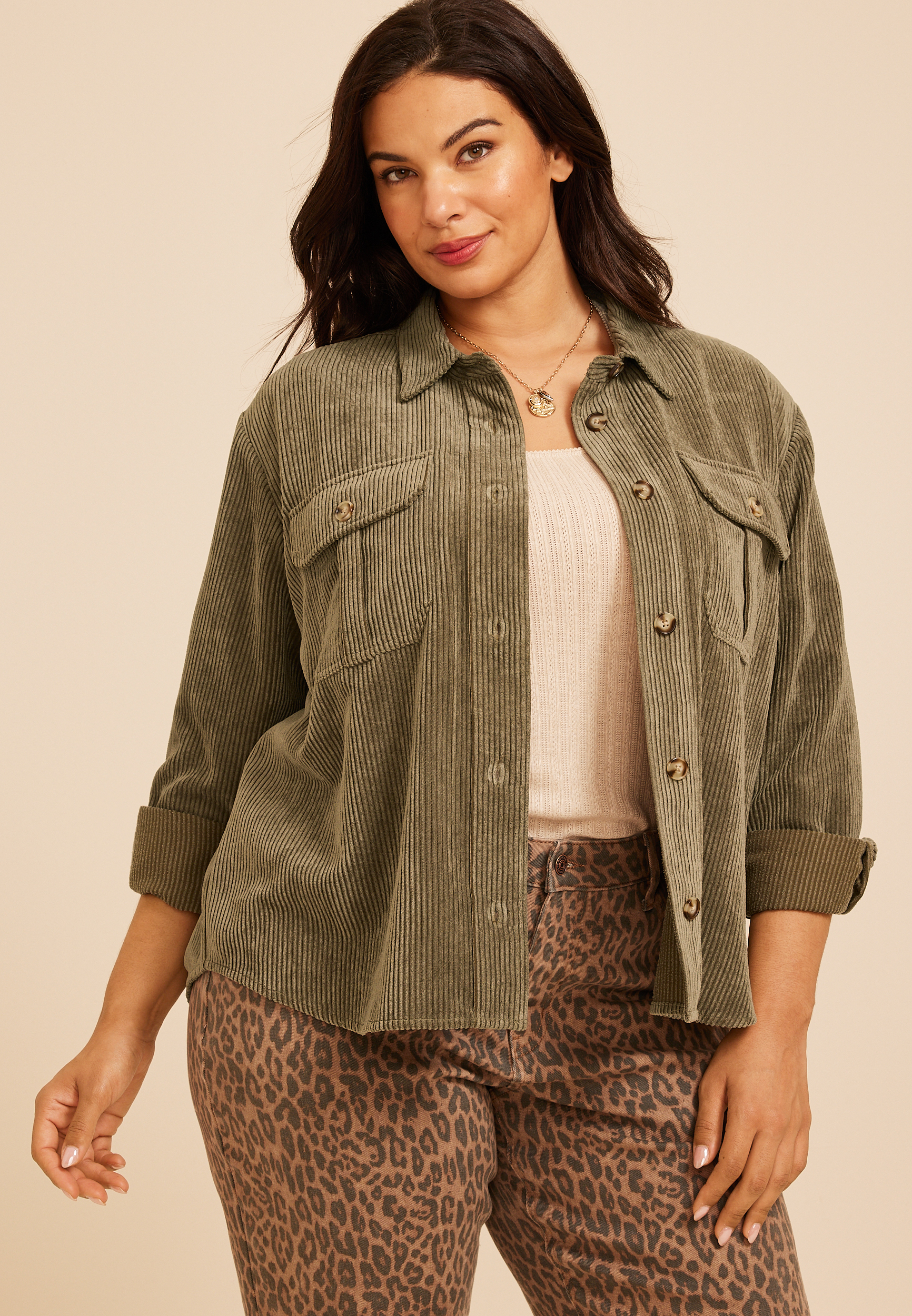 Plus Size Olive Green Corduroy Utility Shacket